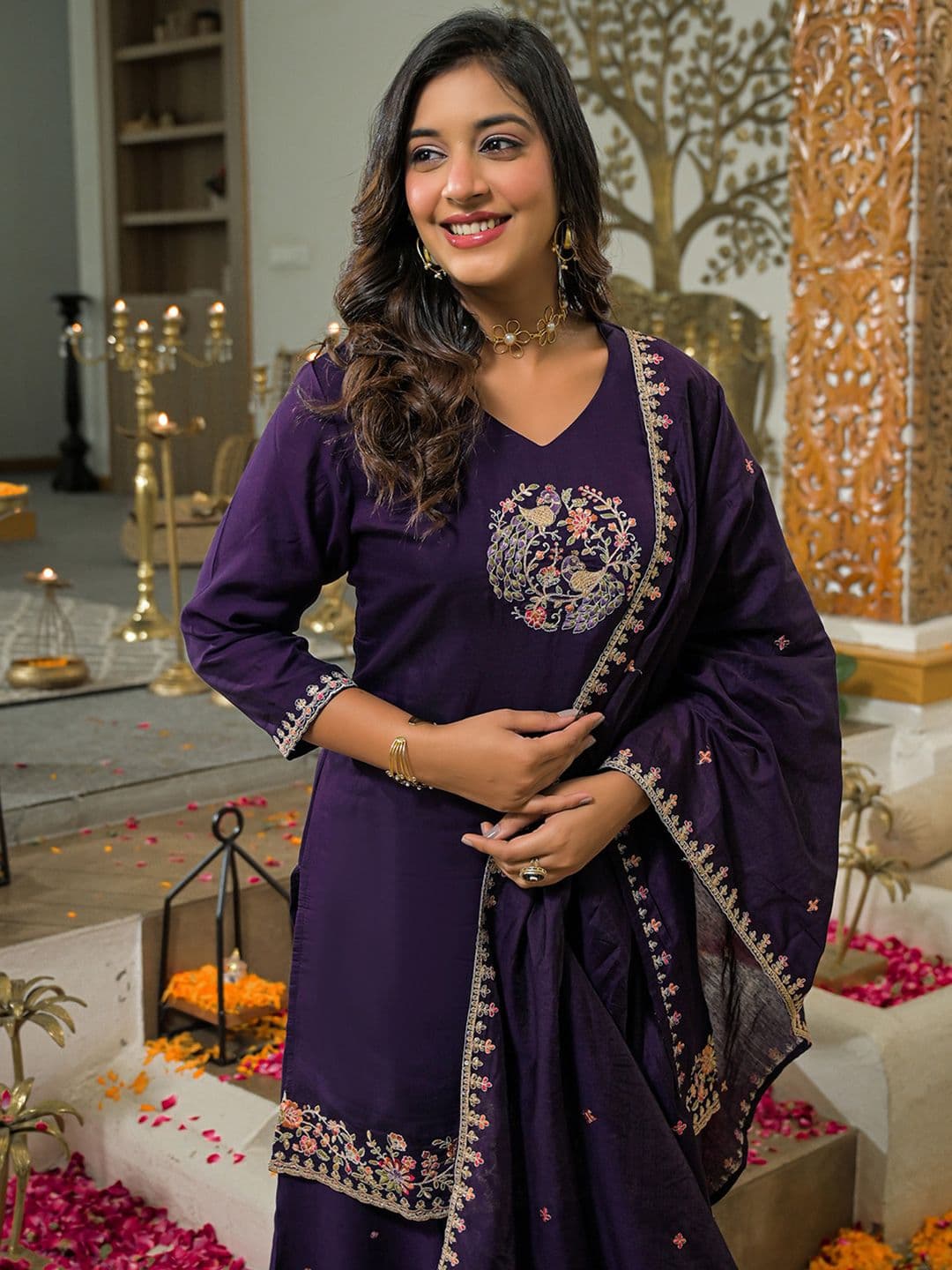 SANISA Floral Embroidered V-Neck Sequinned Straight Kurta With Sharara & Dupatta - view 1