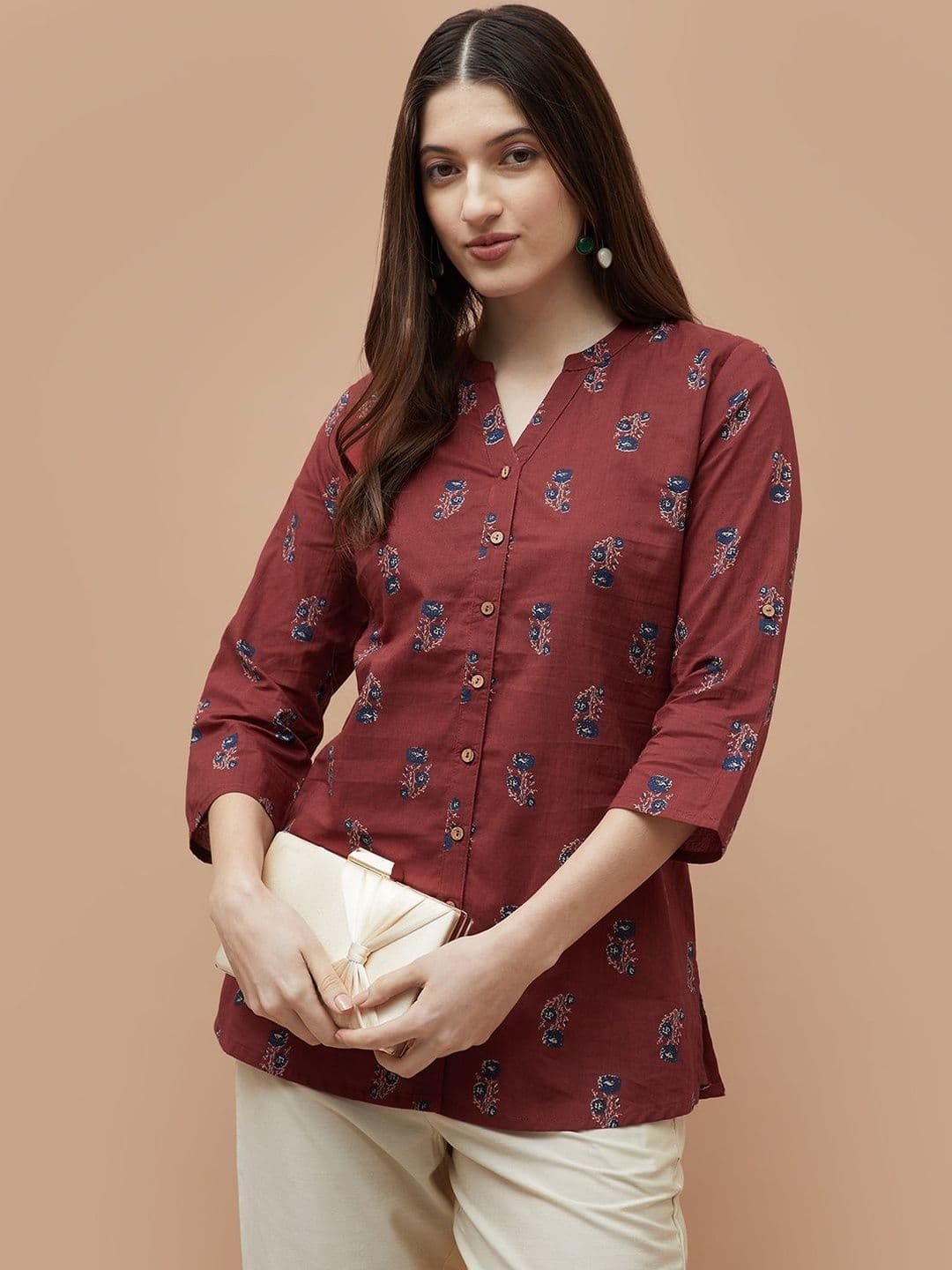 Melange by Lifestyle Floral Printed Mandarin Collar Straight Kurti - view 1