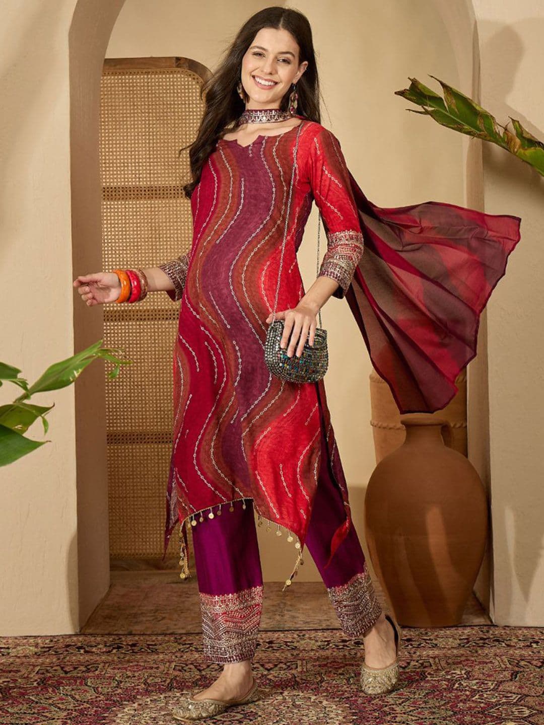 Sangria Women Ethnic Motifs Printed Regular Kurta with Trousers & Choker Dupatta - view 1