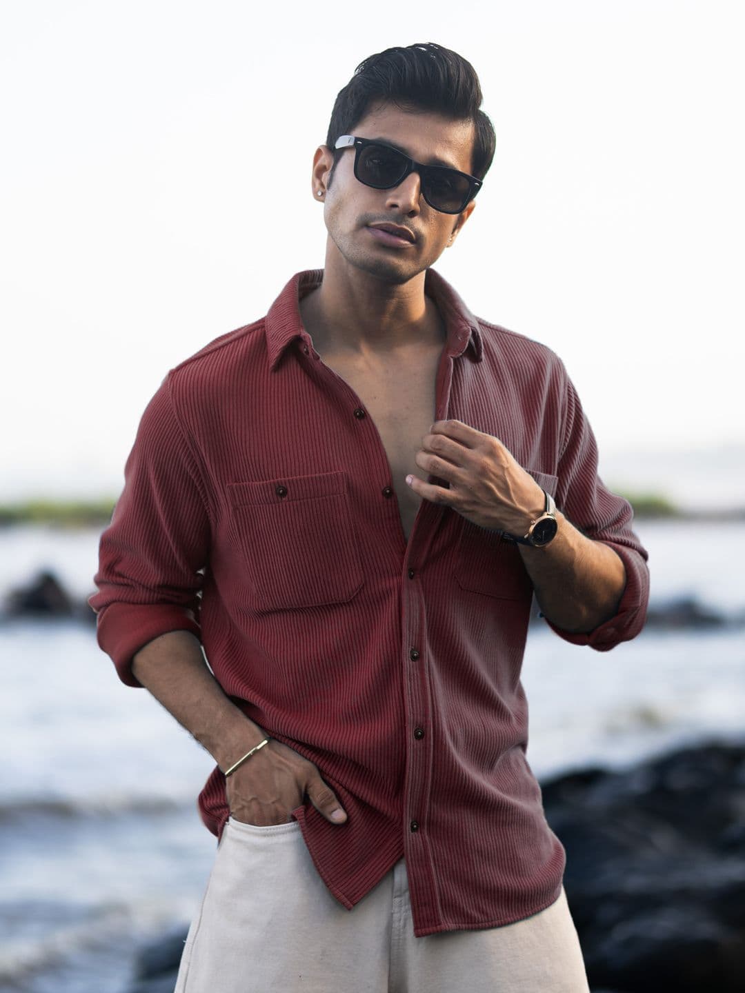 Powerlook Men Vertical Striped Spread Collar Wine Casual Shirt - view 1