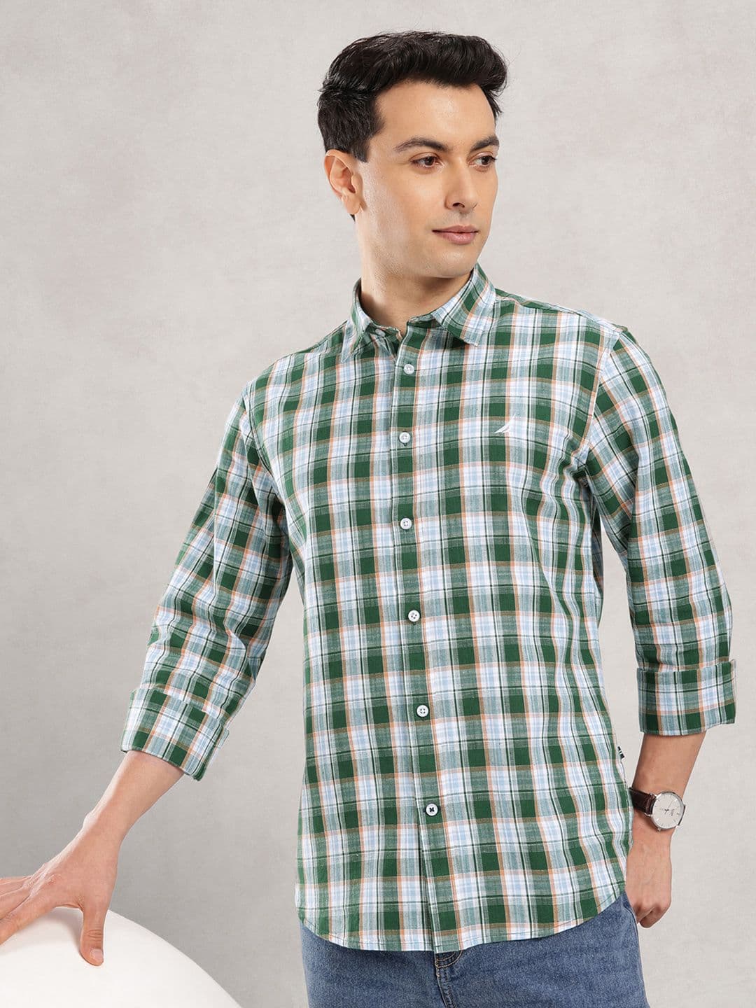 Nautica Slim Fit Checked Cotton Linen Casual Shirt - view 1