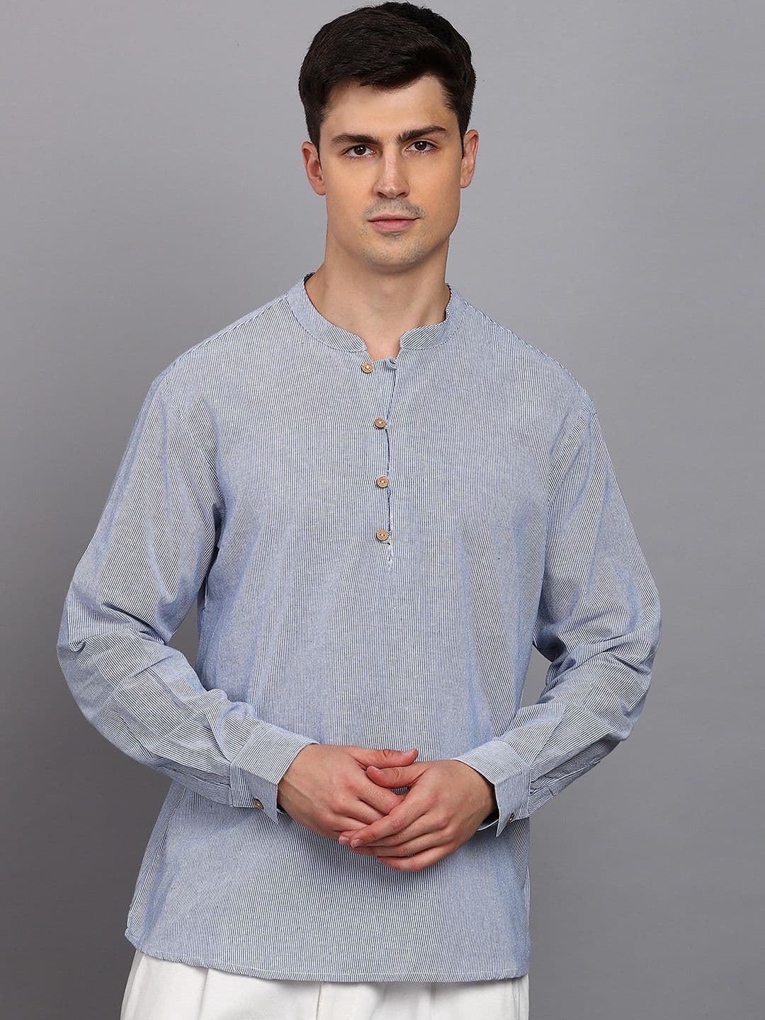 HERE&NOW Striped Mandarin Collar Pure Cotton Short Kurta - view 1