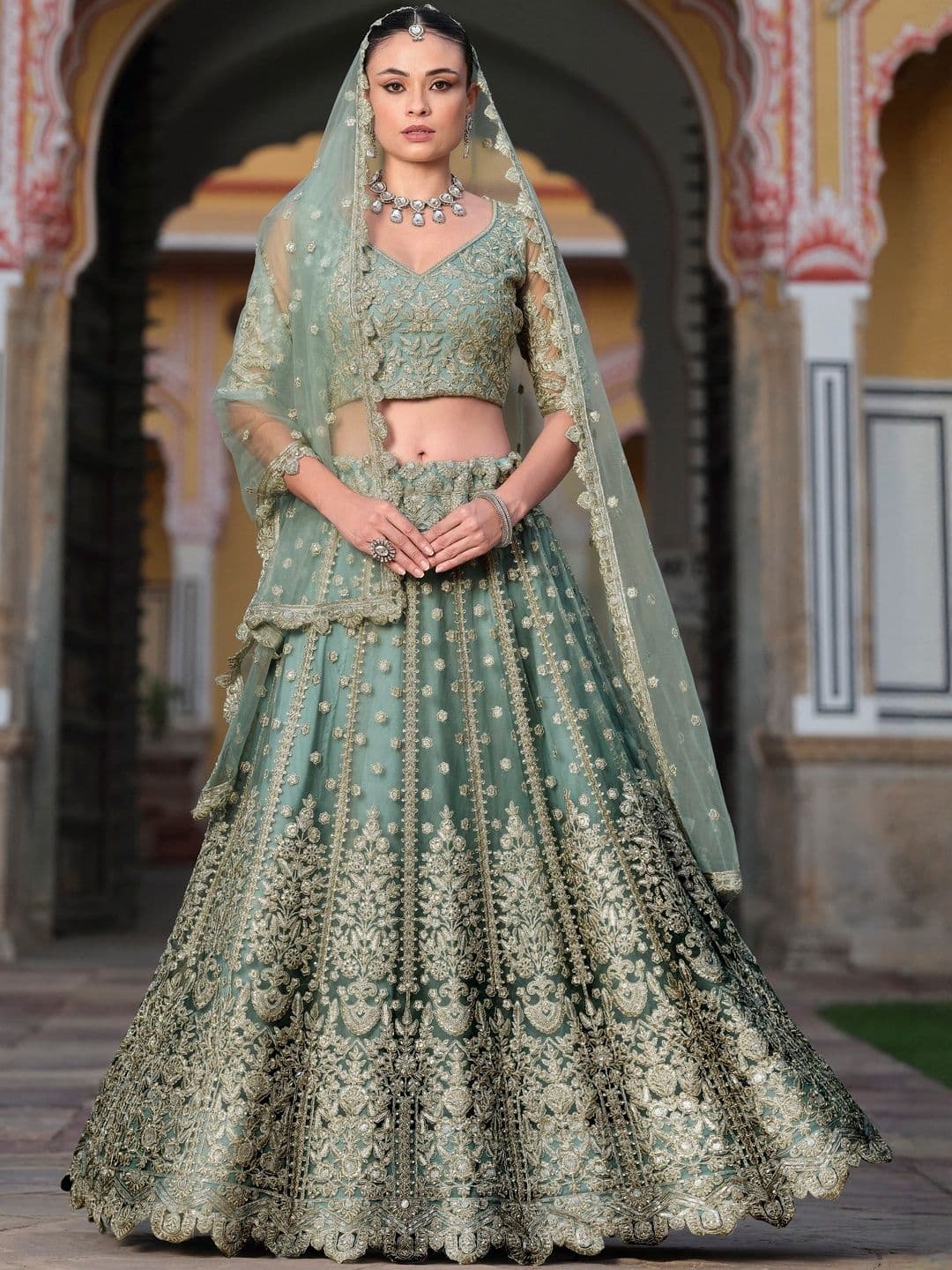 ETHNIC PLUS Pista Floral Embroidered Net Semi-Stitched Lehenga & Unstitched Blouse With Dupatta - view 1
