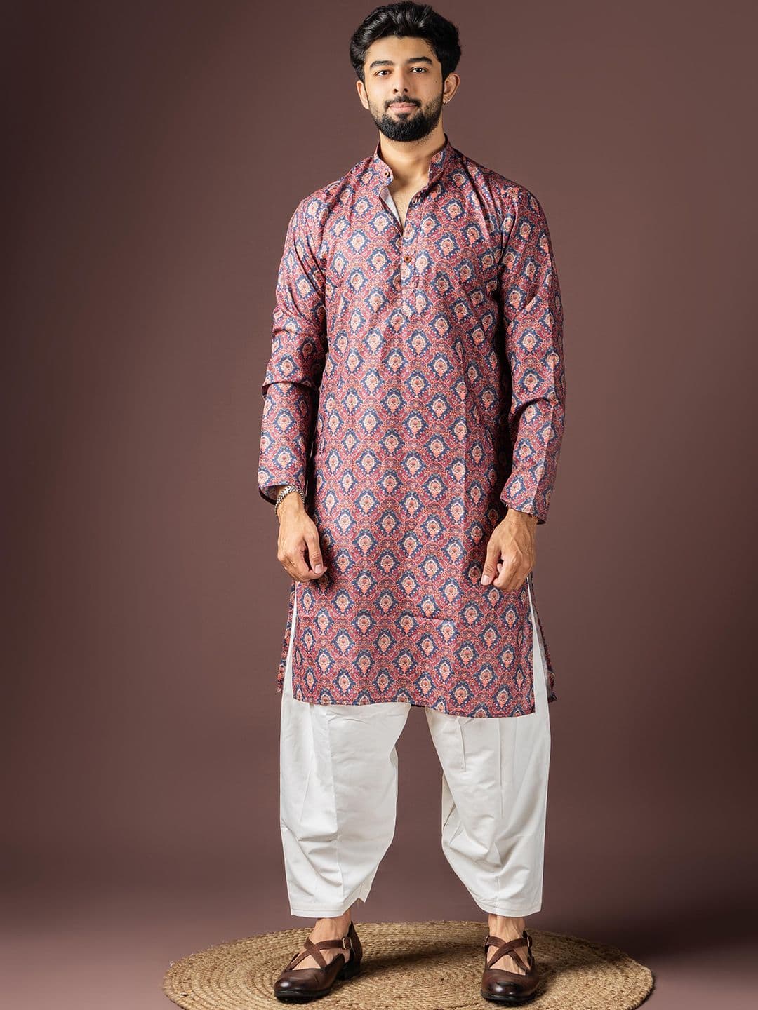 Rawayi Ethnic Motifs Printed Thread Work Mandarin Collar Straight Kurta - view 1