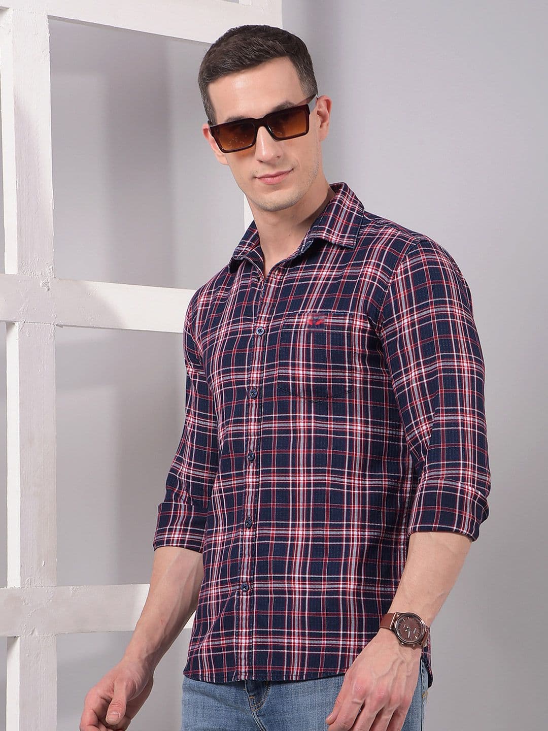 Crimsoune Club Men Classic Slim Fit Tartan Checked Spread Collar Cotton Casual Shirt - view 1