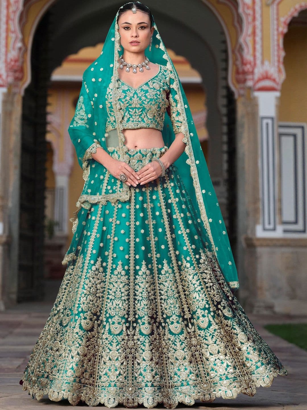 ETHNIC PLUS Floral Embroidered Net Semi-Stitched Lehenga & Unstitched Blouse With Dupatta - view 1