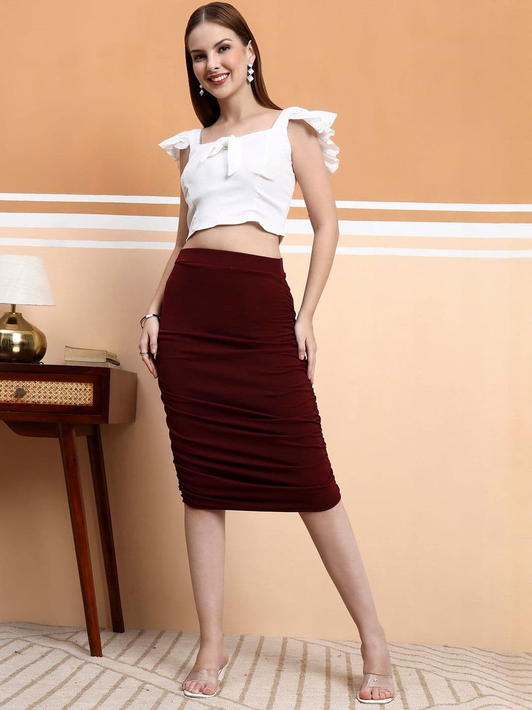 Fraulein High-Rise Ruched Bodycon Stretchable Pencil Midi Skirt - view 1