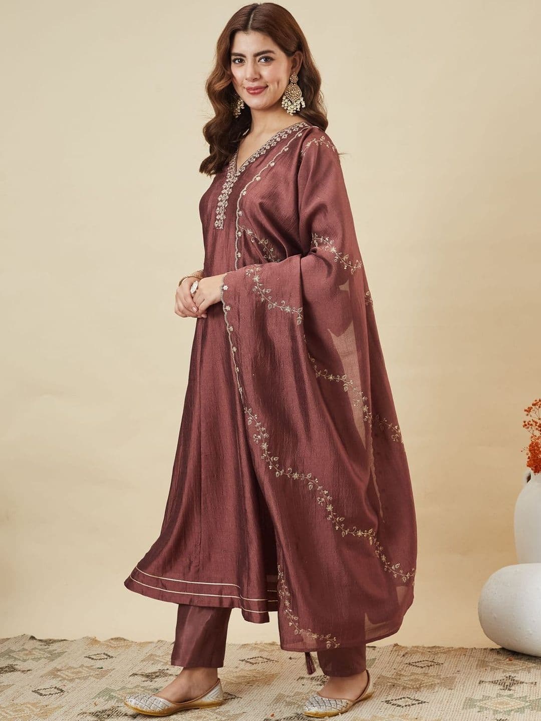 MOKOSH Women Silk Embroidered Anarkali Kurta And Pant Set With Dupatta - view 1