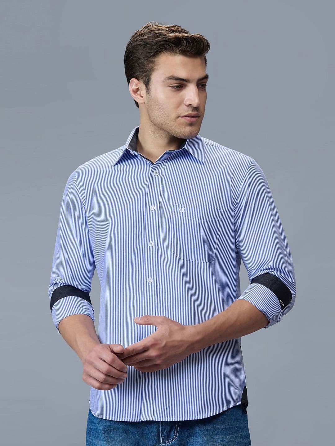 Kenneth Cole Men Premium Slim Fit Vertical Striped Spread Collar Cotton Casual Shirt - view 1