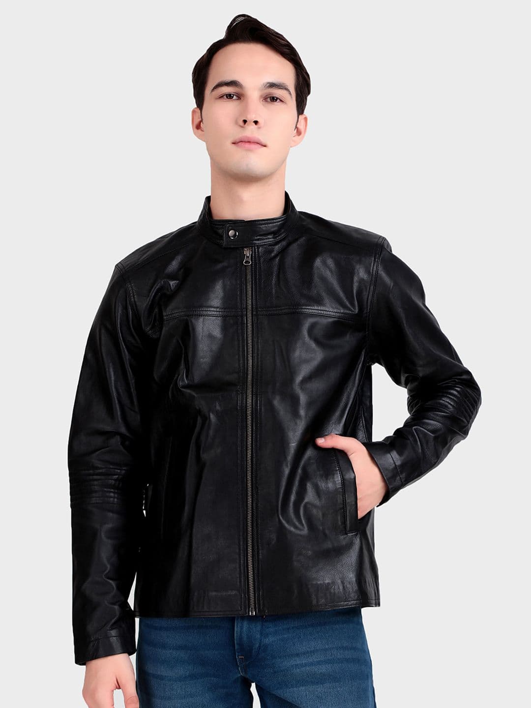 MaheTri Men Mandarin Collar Bomber Black Leather Jacket - view 1