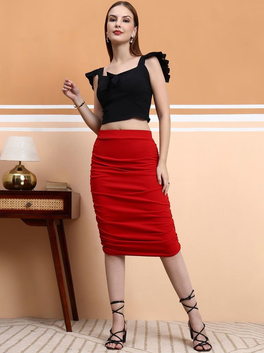 Fraulein Women High-Rise Ruched Bodycon Stretchable Pencil Midi Skirt - view 1
