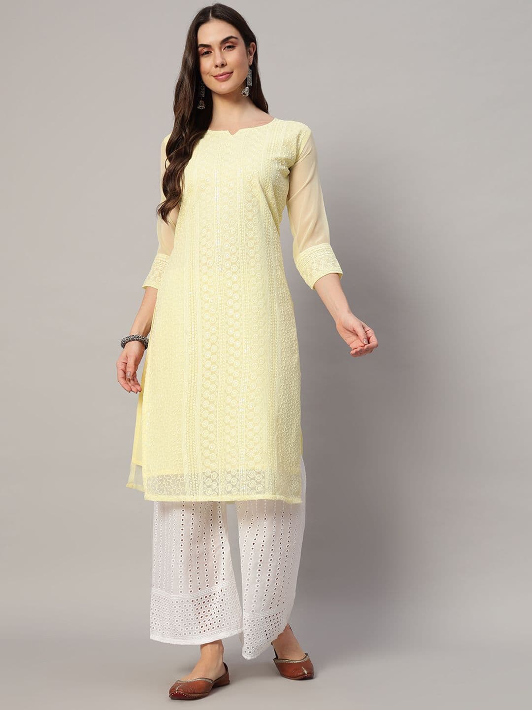 Felopie Women Floral Embroidered Chikankari Georgette Kurta - view 1