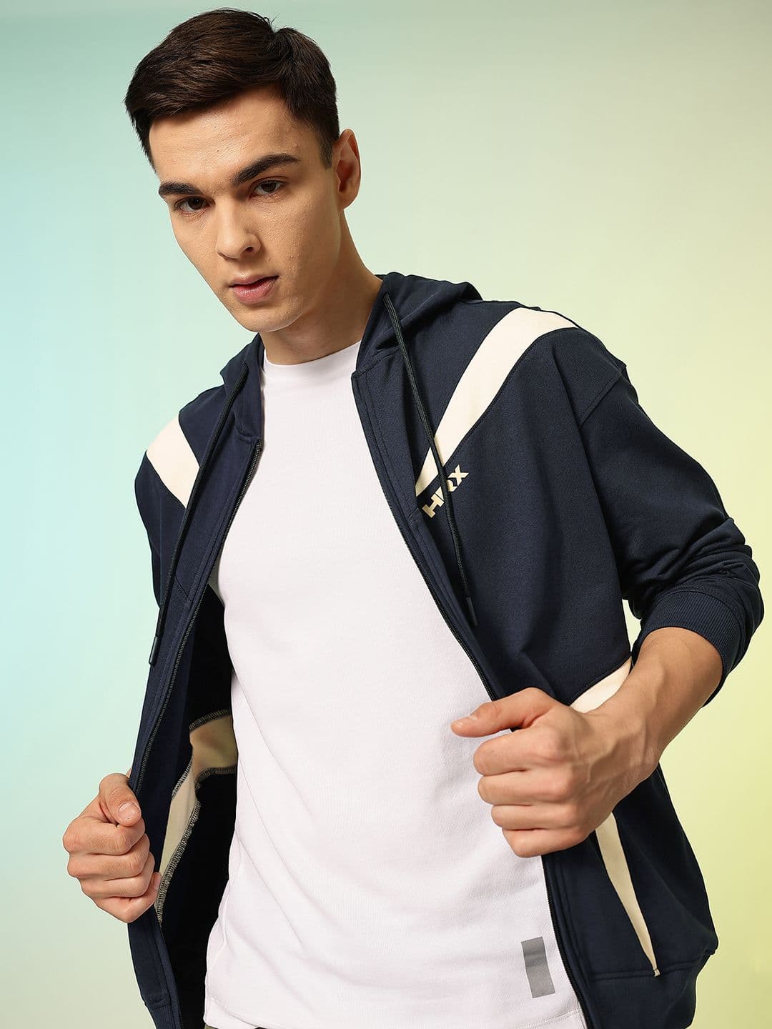 HRX by Hrithik Roshan Striped Hooded Front-Open Pure Cotton Lifestyle Sweatshirt - view 1