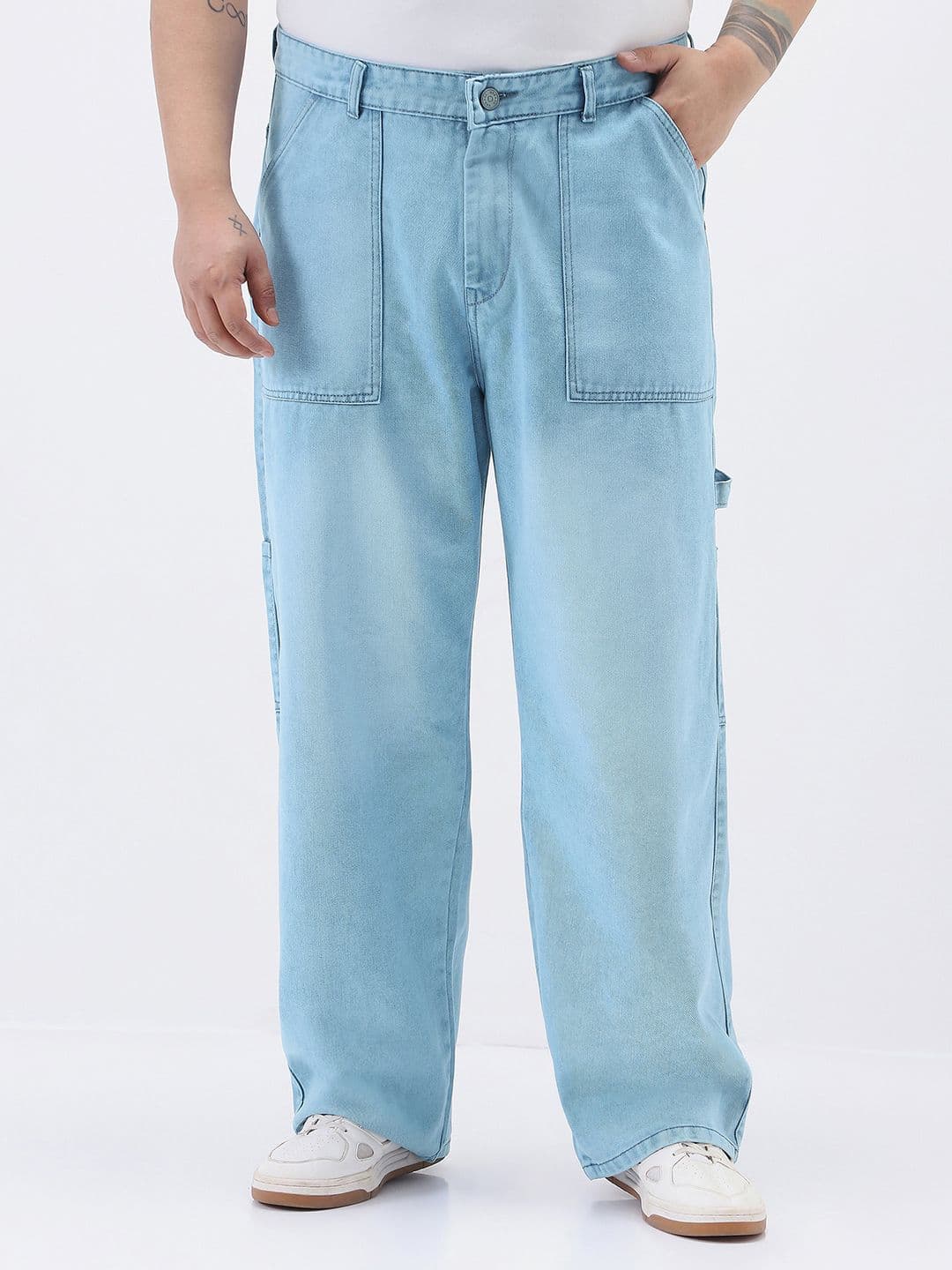 Urbano Plus Men Blue Loose Baggy Fit Mid-Rise Heavy Fade Carpenter Cargo Pockets Jeans - view 1
