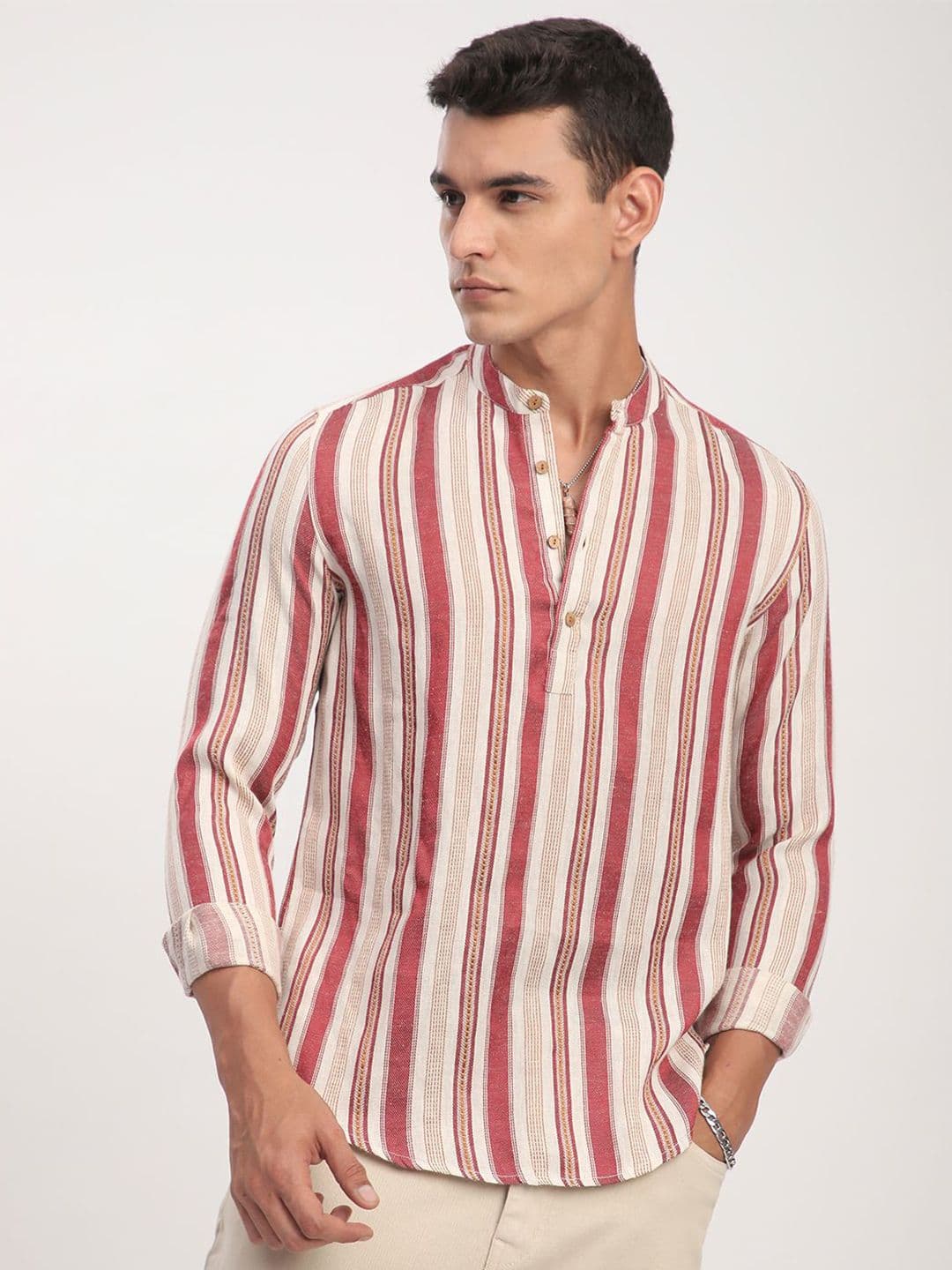 VASTRADO Thread Work Intricate Striped Cotton A-Line Above Knee Kurta - view 1