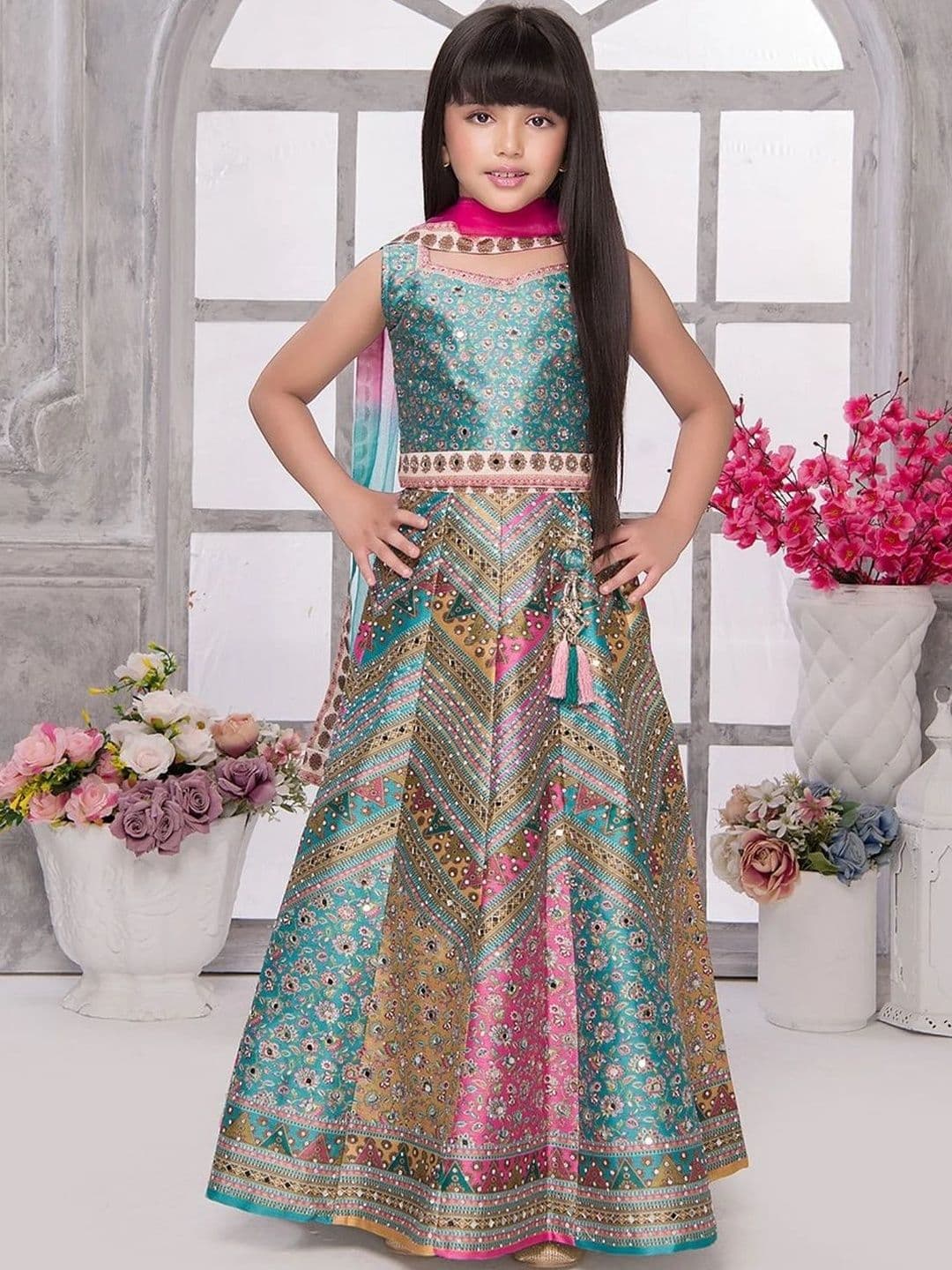 Sangria Girls Printed Mirror Work Ready to Wear Lehenga & Blouse With Dupatta - view 1