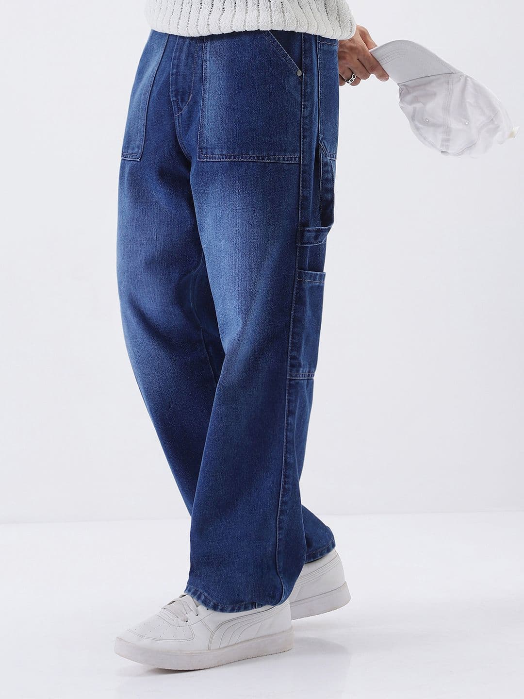 Urbano Fashion Men Blue Loose Baggy Fit Carpenter Cargo Jeans With 6 Pockets Non-Stretchable - view 1