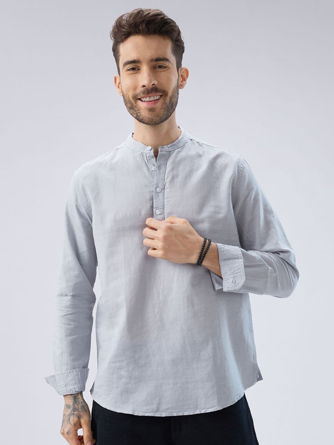 VASTRADO Band Collar Long Roll-Up Linen Straight Kurta - view 1