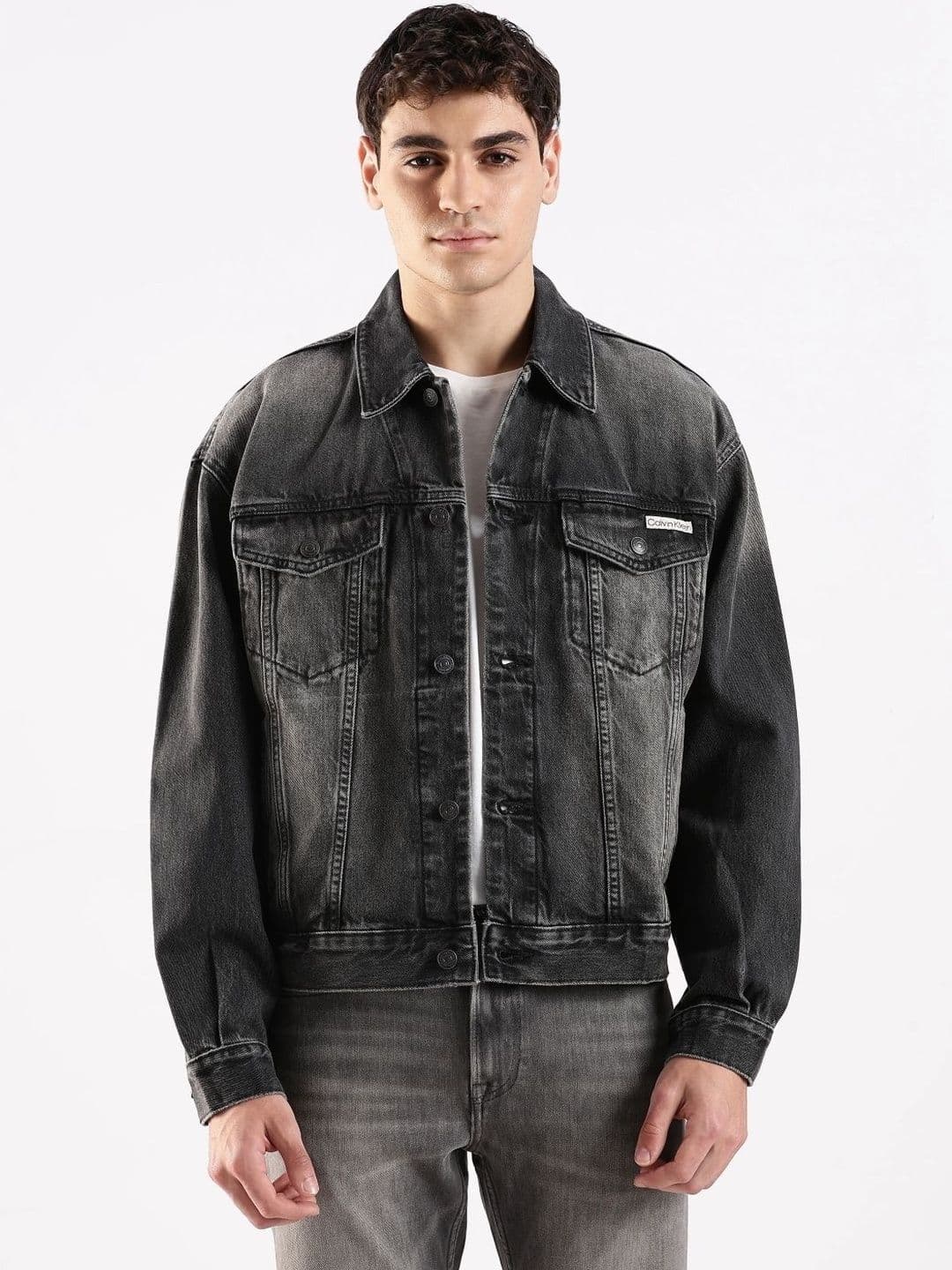 Calvin Klein Jeans Men Spread Collar Washed Solid Denim Jacket - view 1