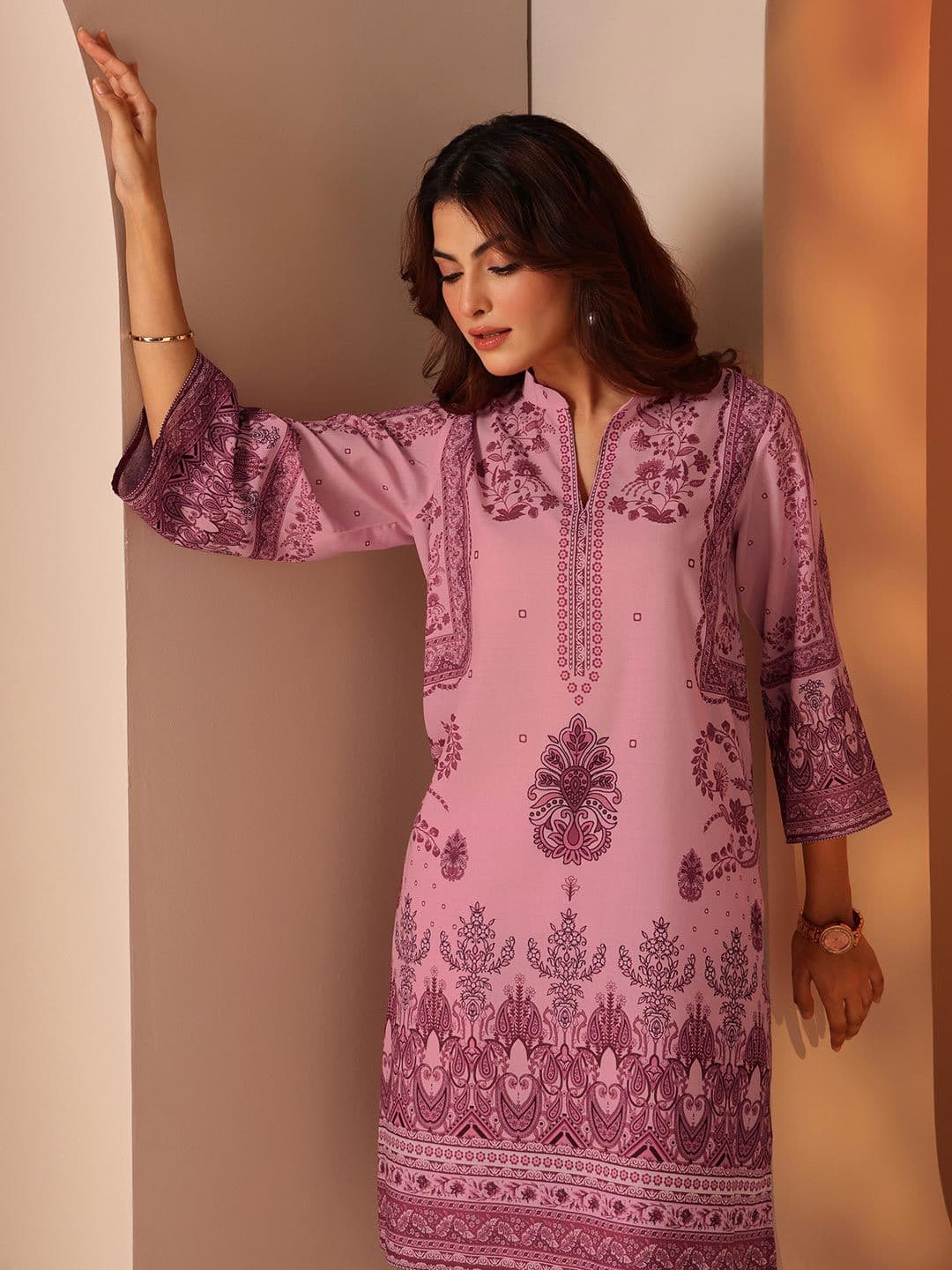 Libas Floral Printed Mandarin Collar Three-Quarter Sleeves Tunic & Trousers - view 1