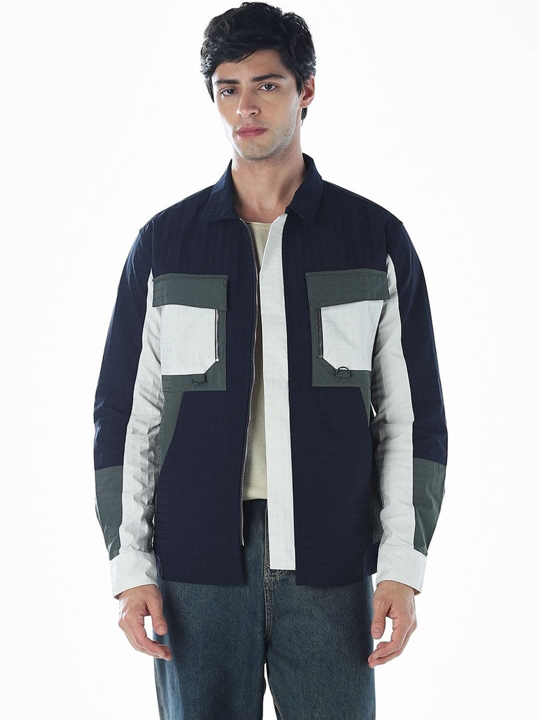 Jack & Jones Men Spread Collar Colourblocked Open Front Jacket - view 1