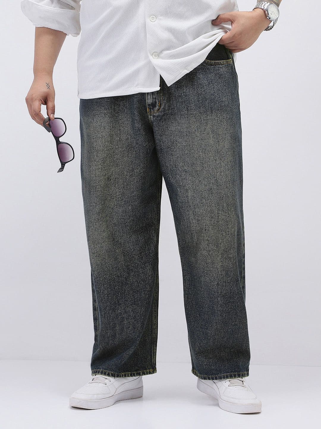 Urbano Plus Men Dark Blue Loose Baggy Fit Heavy Washed Jeans Non-Stretchable Jeans - view 1