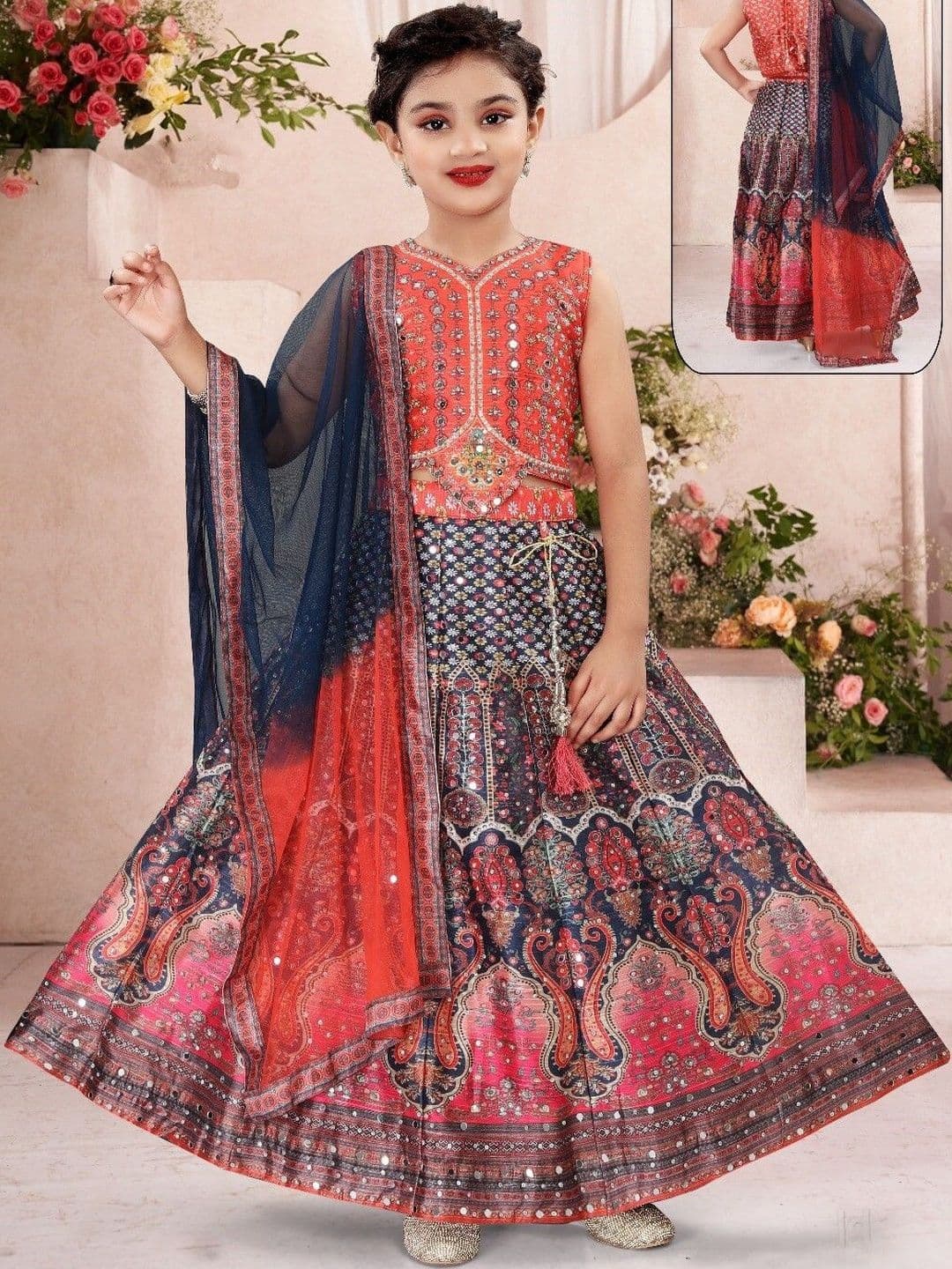 Sangria Girls Art Silk Printed Mirror Work Ready to Wear Lehenga & Blouse With Dupatta - view 1