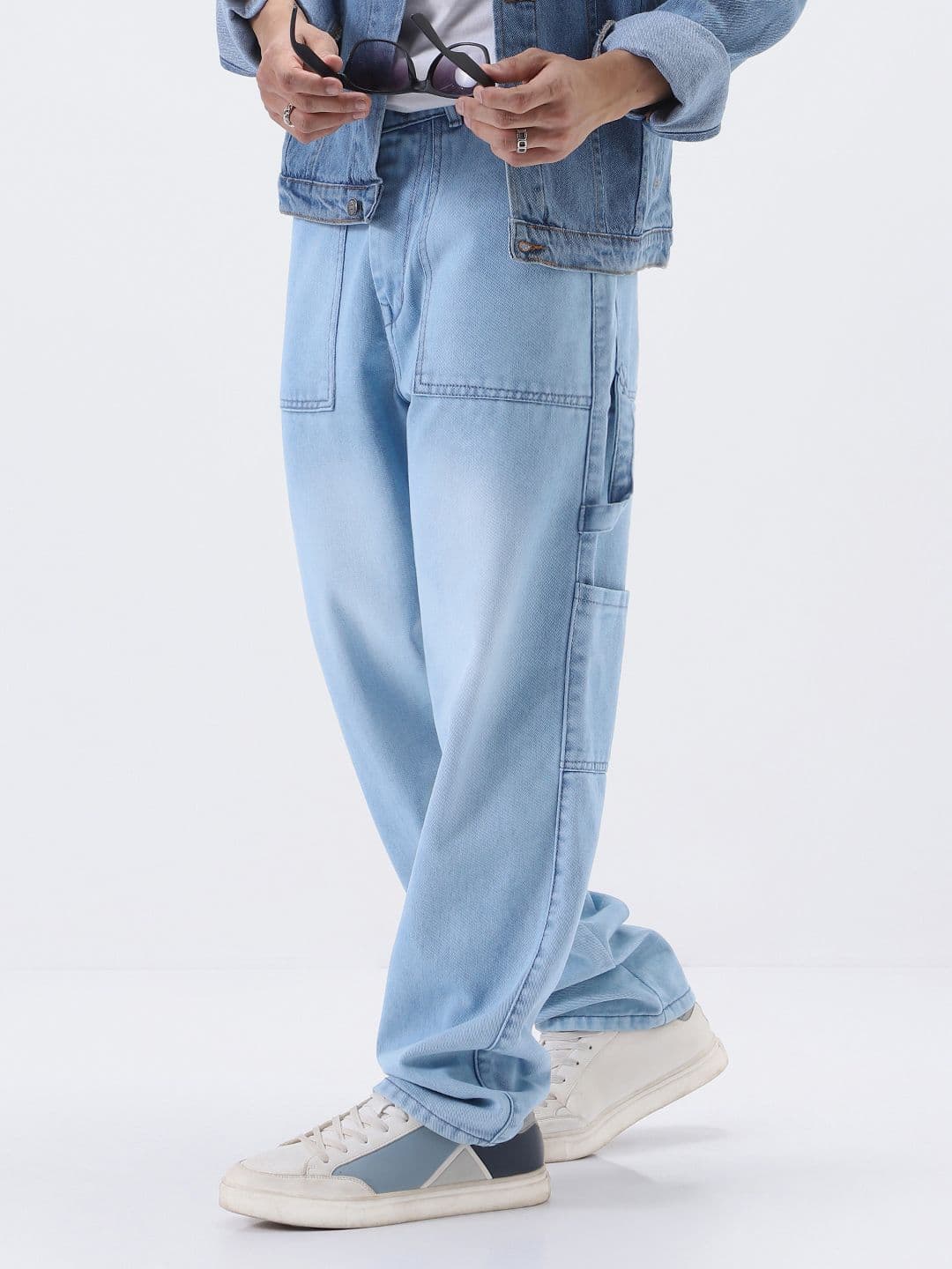 Urbano Fashion Men Ice Blue Loose Baggy Fit Carpenter Cargo Pockets Jeans - view 1