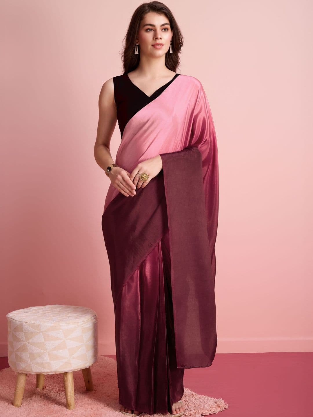 RACHNA Women Ombre Dyed Satin Ready To Wear Saree with Blouse Piece - view 1