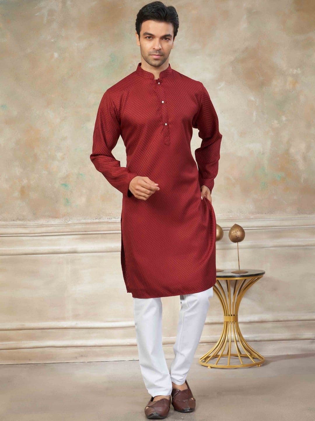 House of Pataudi Geometric Printed Mandarin Collar Cotton Straight Kurta - view 1
