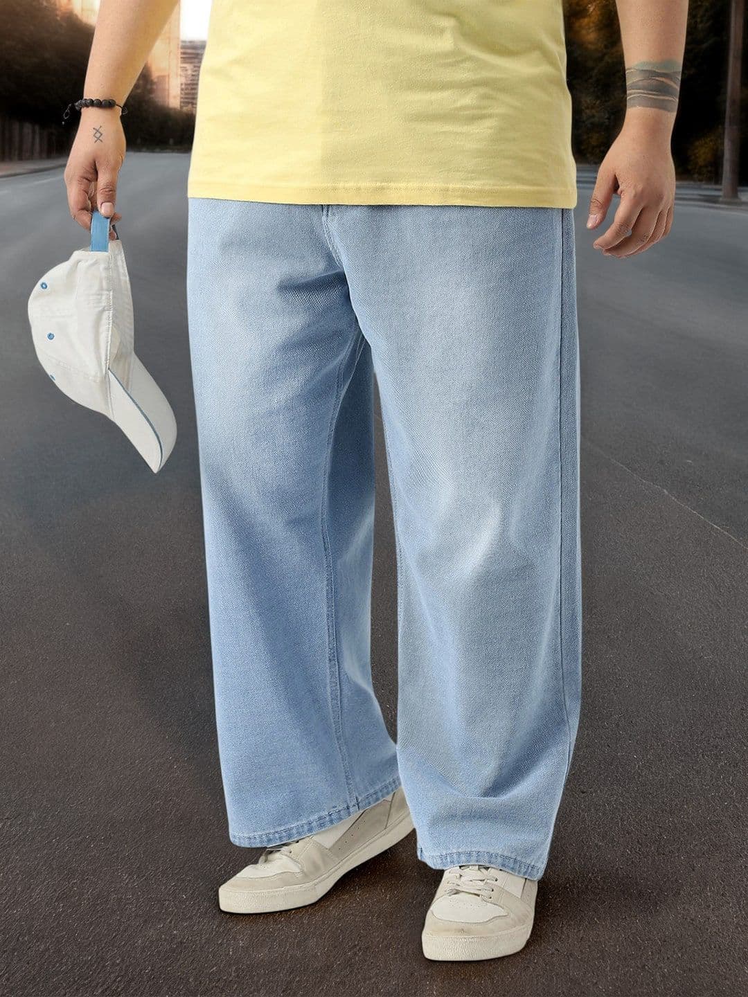 Urbano Plus Men Ice Blue Loose Baggy Fit Washed Cotton Non-Stretchable Jeans - view 1
