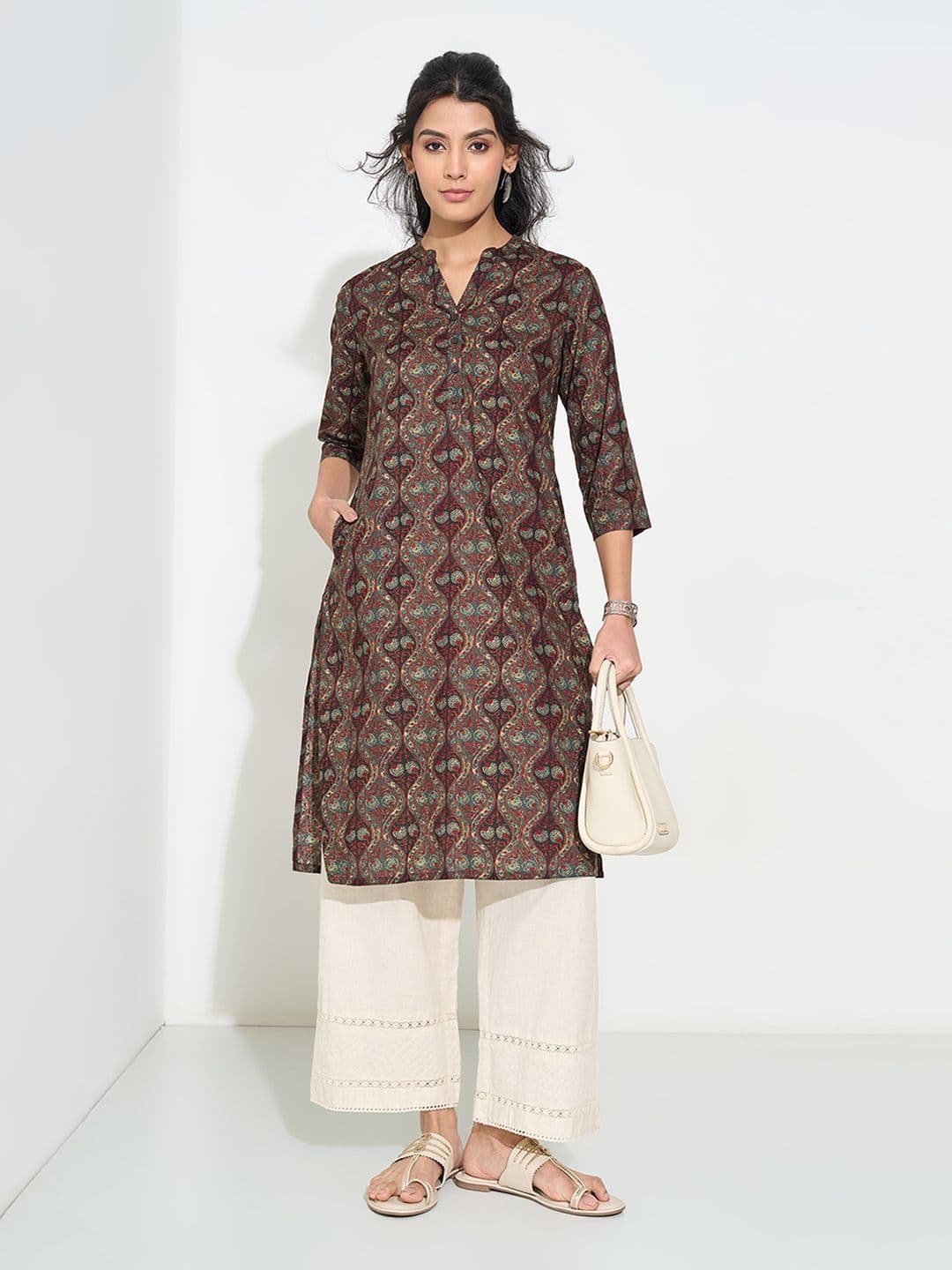 RANGMANCH BY PANTALOONS Floral Printed Mandarin Collar A-line Kurta - view 1