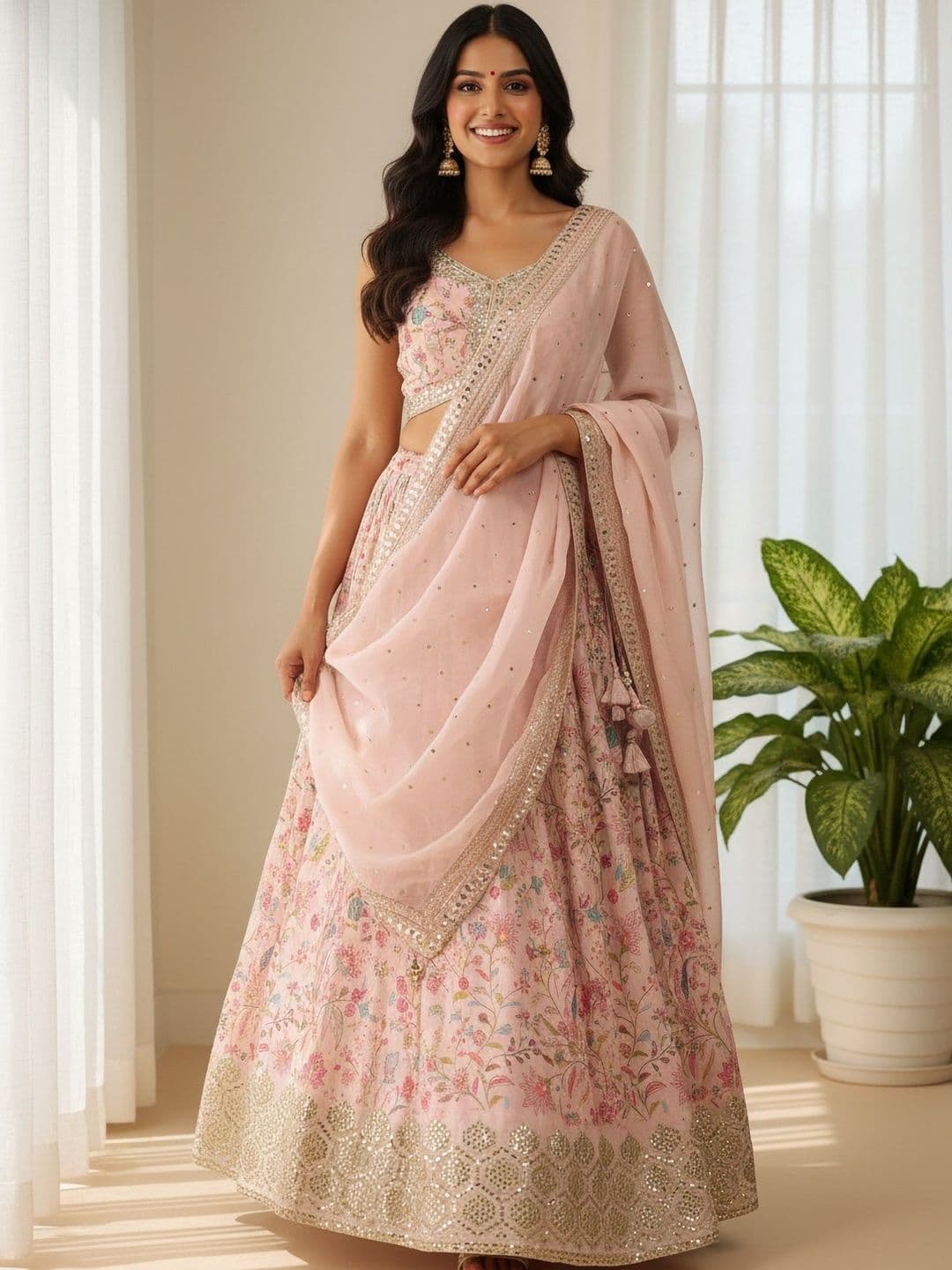 ETHNIC PLUS Embroidered Digital Print Sequinned Organza Lehenga Choli With Dupatta - view 1
