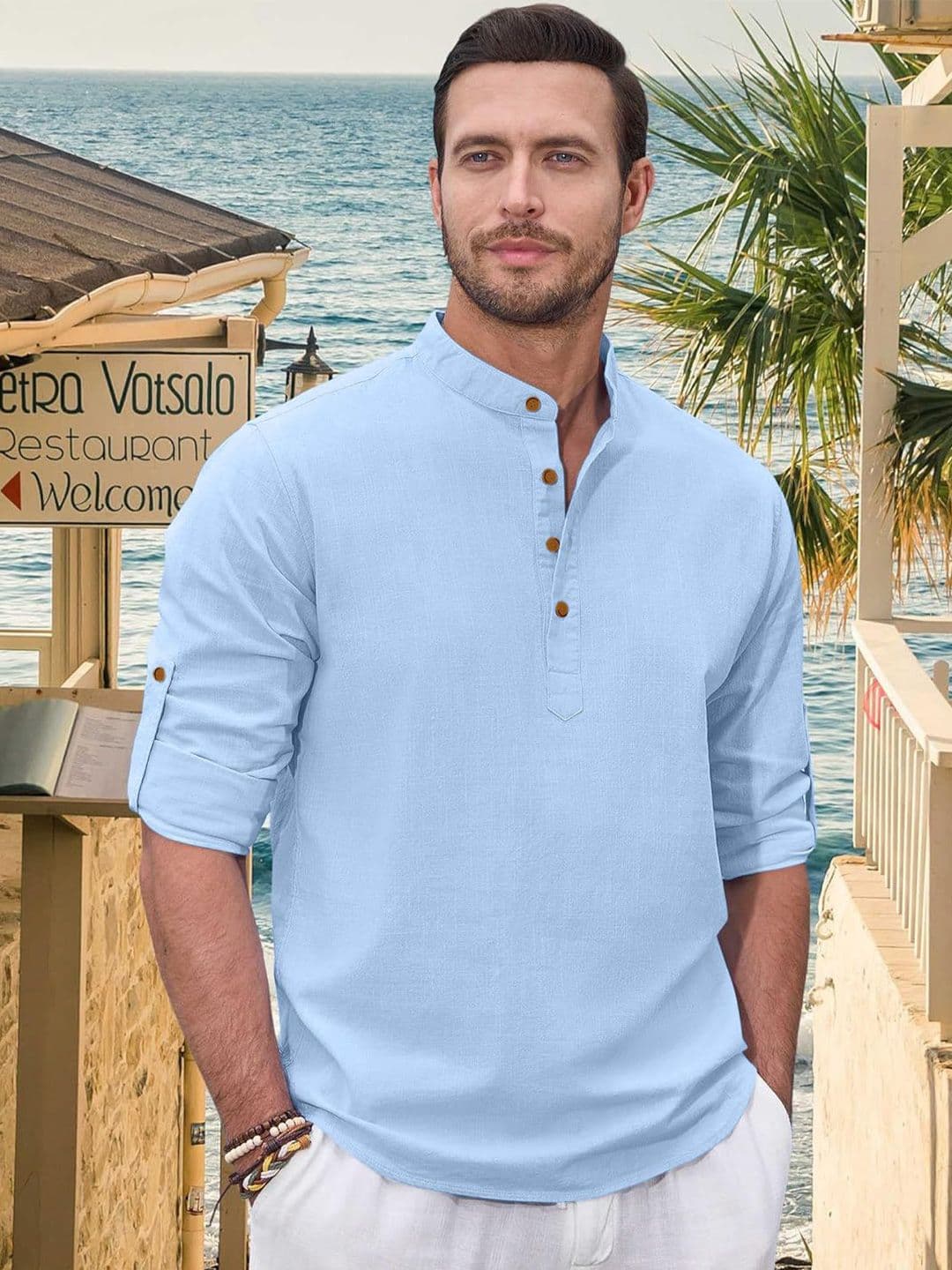 ZELINCO Mandarin Collar Roll-Up Sleeves Straight Short Kurta - view 1