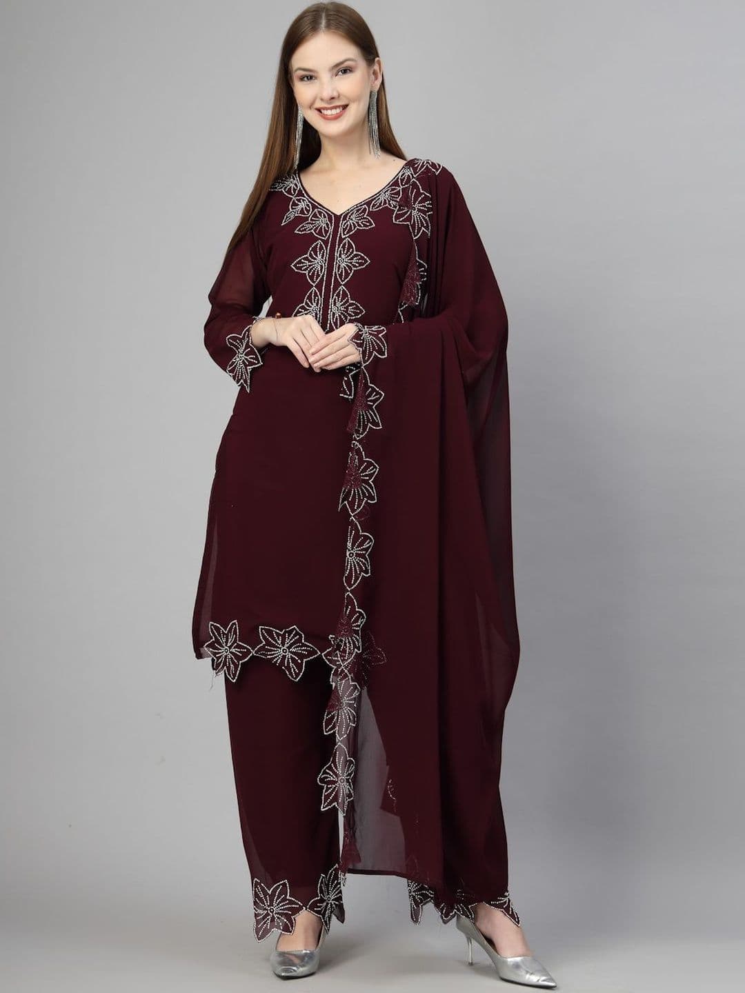 TS LIFESTYLE Floral Embroidered Beads And Stones Georgette Kurta With Trousers & Dupatta - view 1