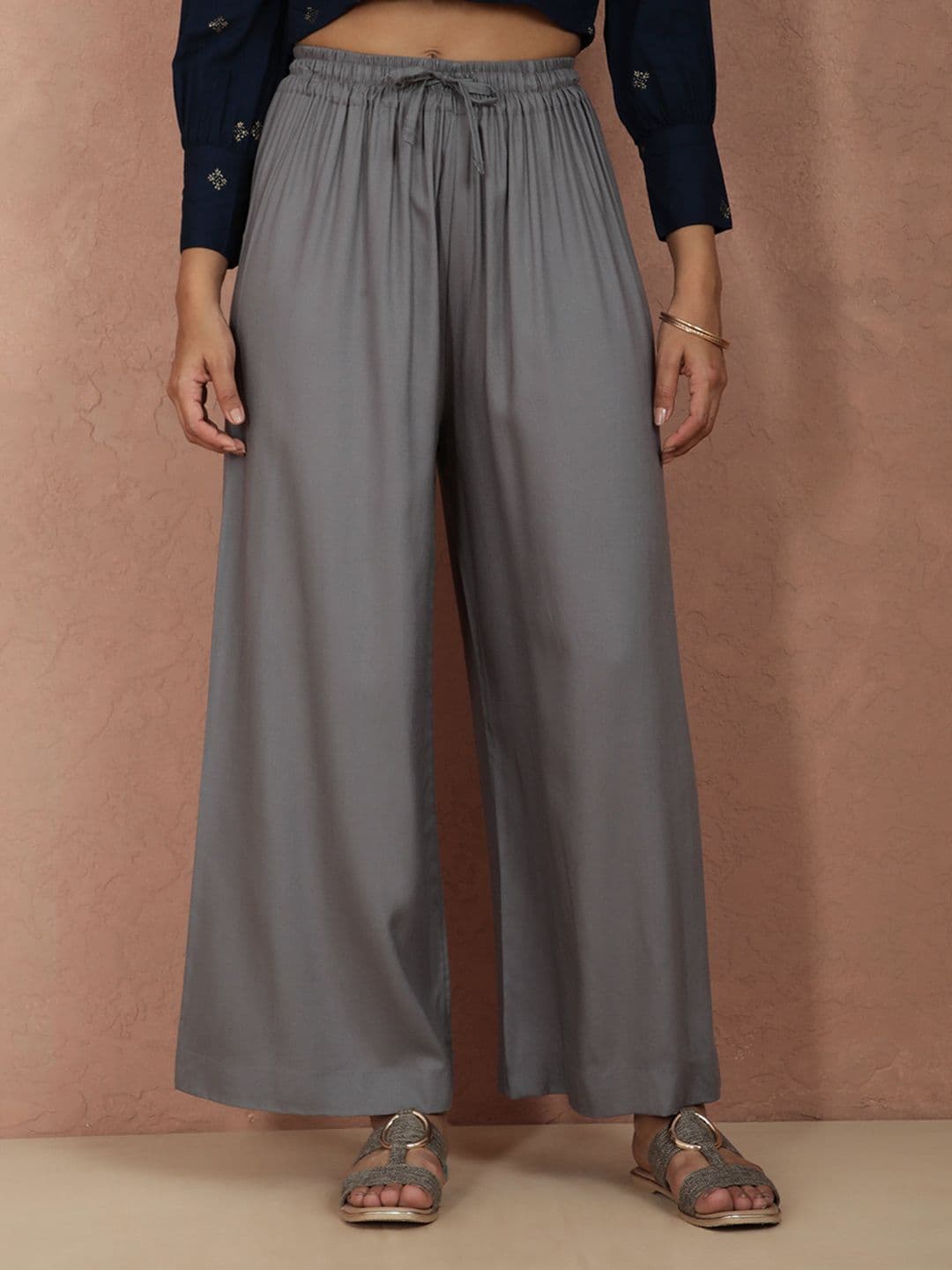 TWIN BIRDS Women Grey Solid Wide Leg Palazzos - view 1