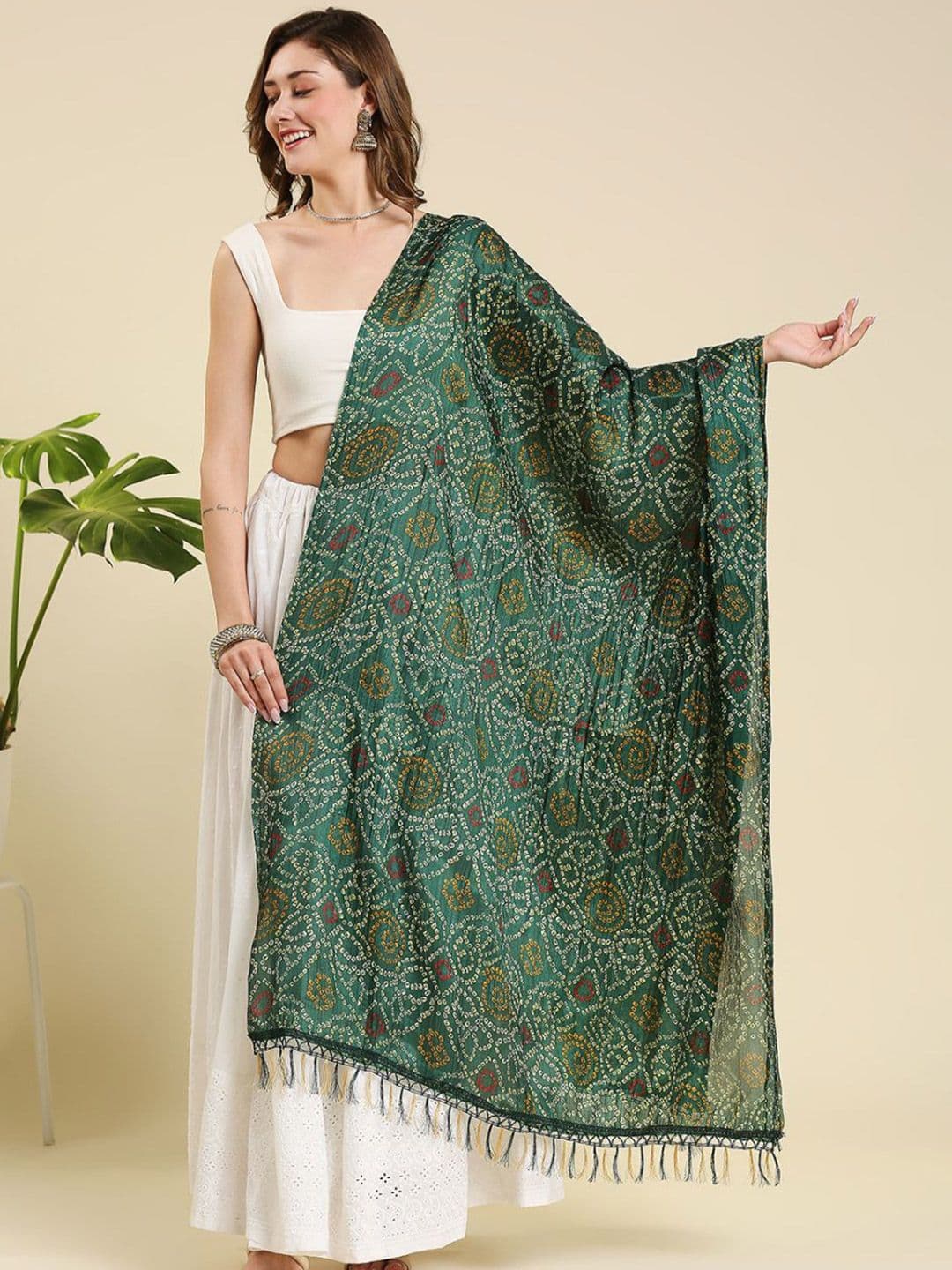 Dupatta Bazaar Bandhani Printed Tasselled BorderDupatta - view 1