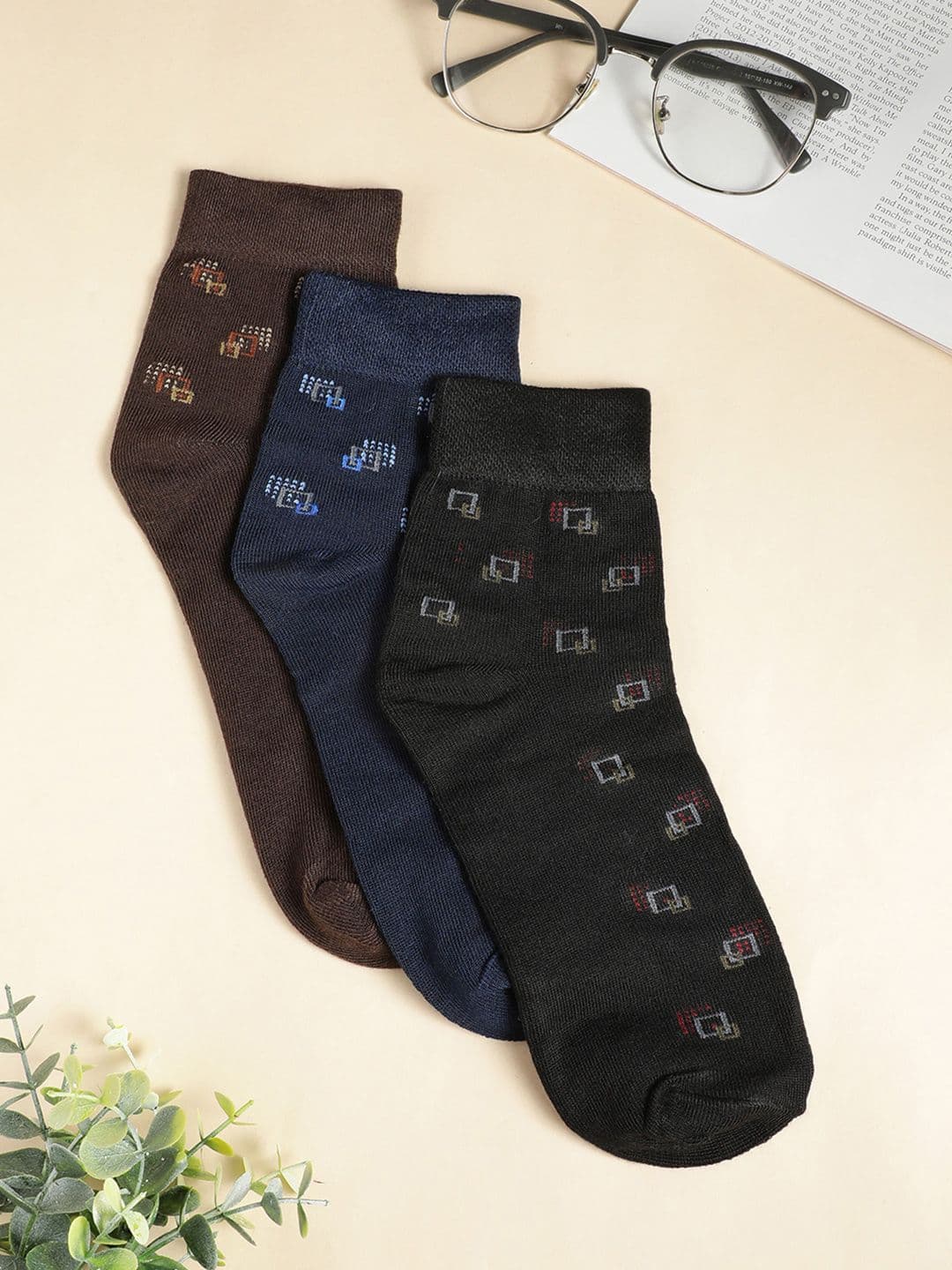 Teakwood Leathers Men Pack Of 3 Pure Cotton Patterned Above Ankle-Length Socks - view 1