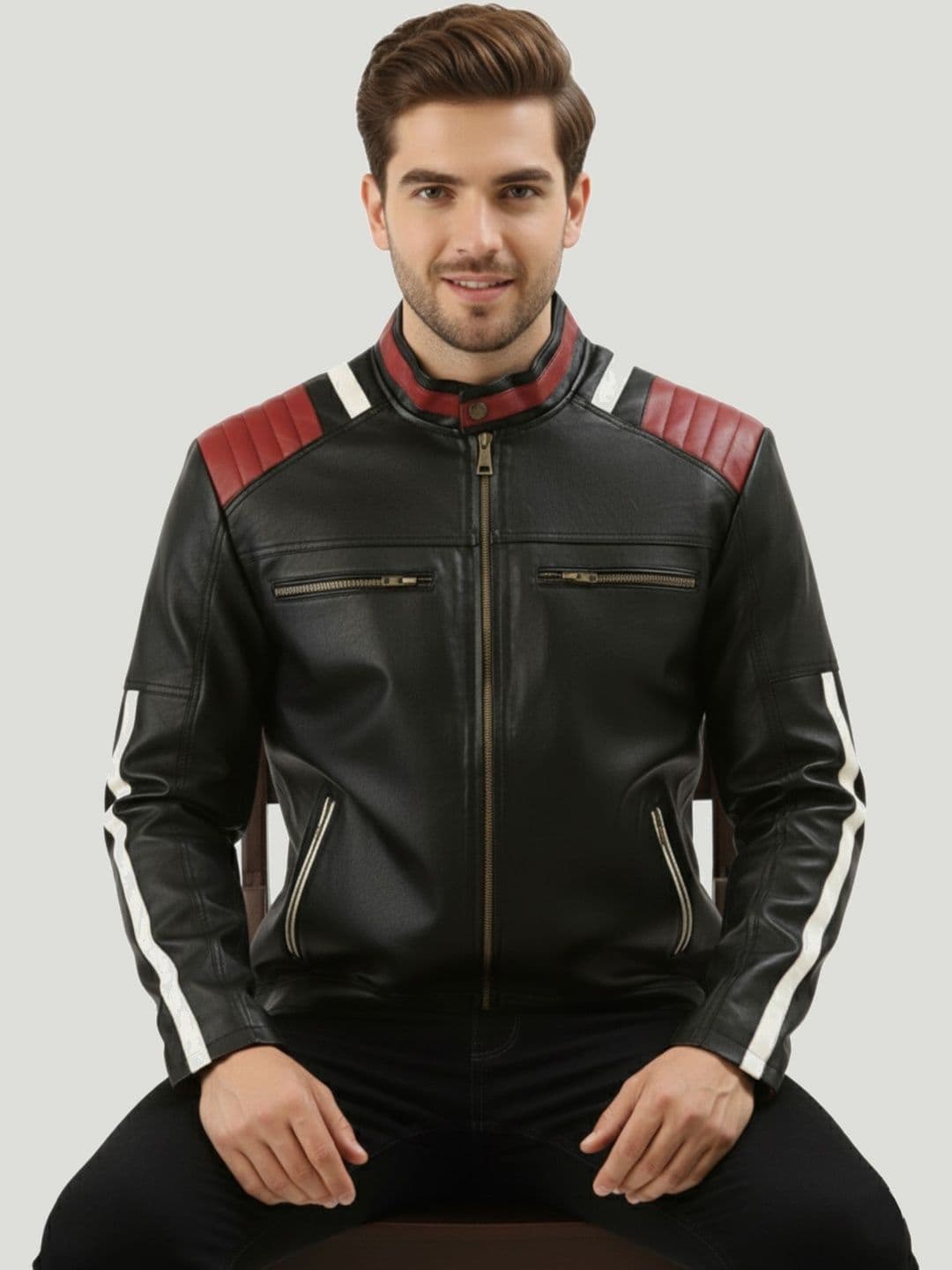Leather Retail Lightweight Mandarin Collar Biker Jacket - view 1
