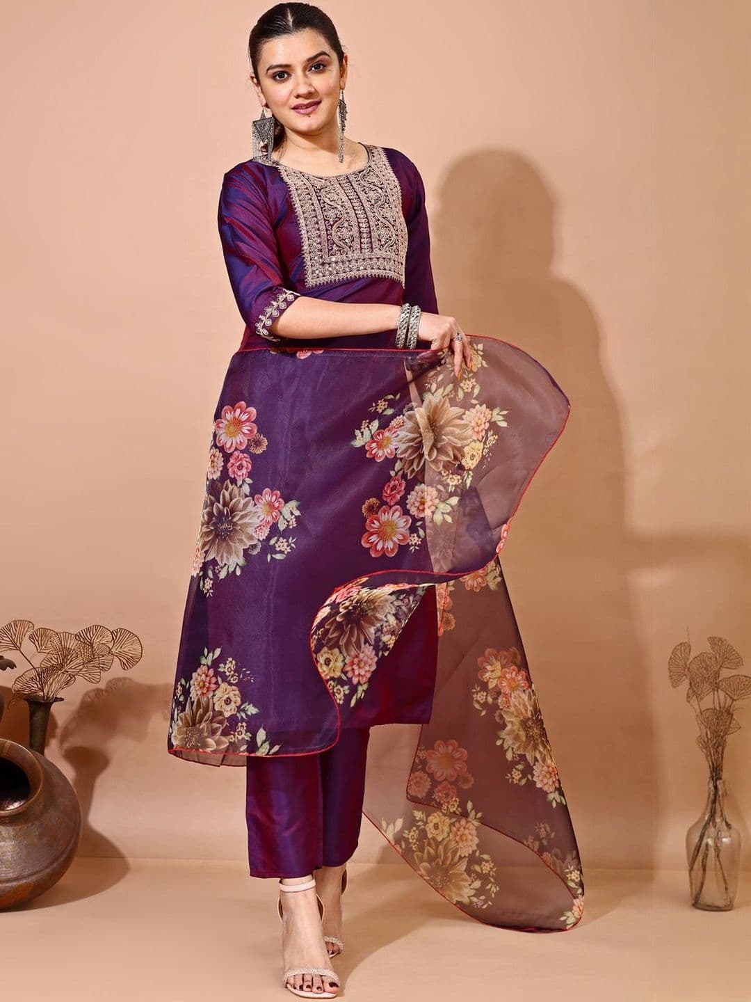 Moda Rapido Floral Yoke Design Thread Work Straight Kurta & Trousers With Dupatta - view 1