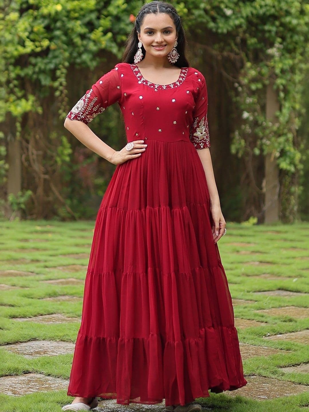 LAZZLY Embroidered Round Neck Georgette Fit & Flare Maxi Dress - view 1