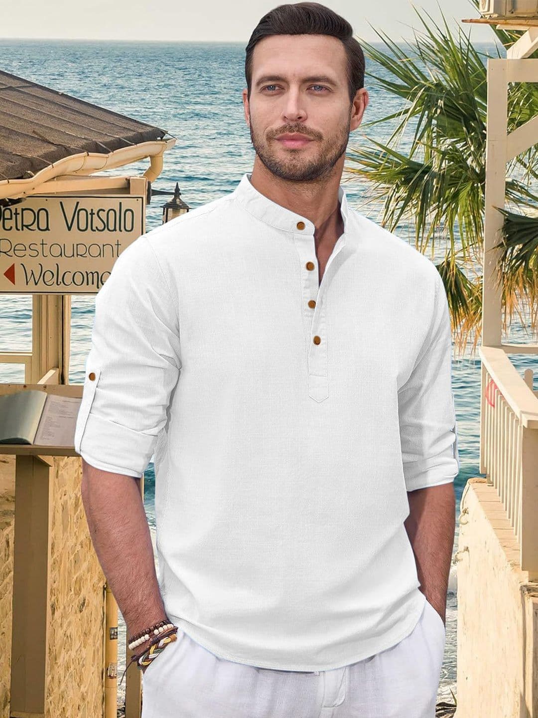 ZELINCO Mandarin Collar Roll-Up Sleeves Cotton Straight Kurta - view 1
