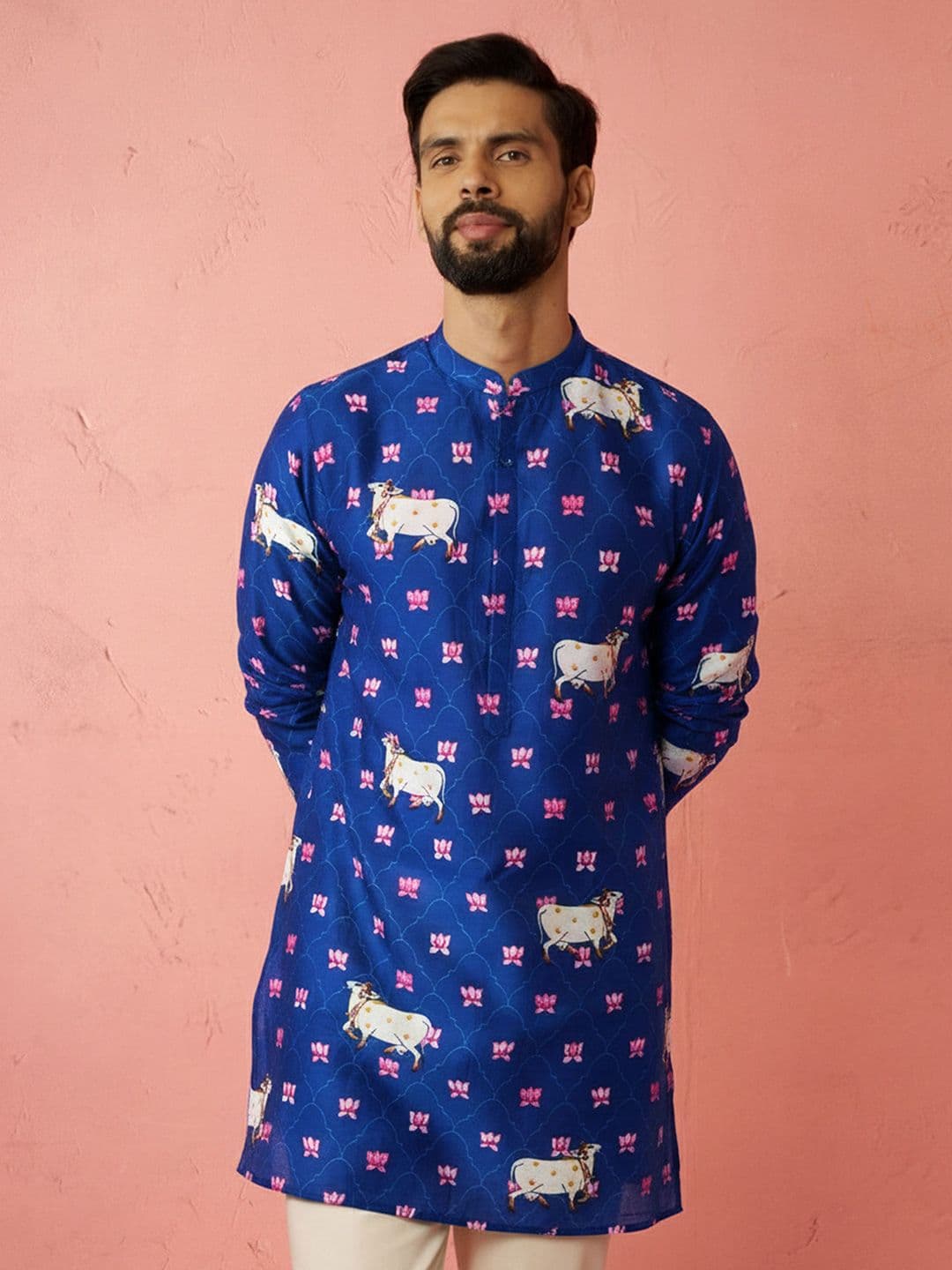 VASTRAMAY Pichwai Printed Mandarin Collar Chanderi Silk Kurta - view 1