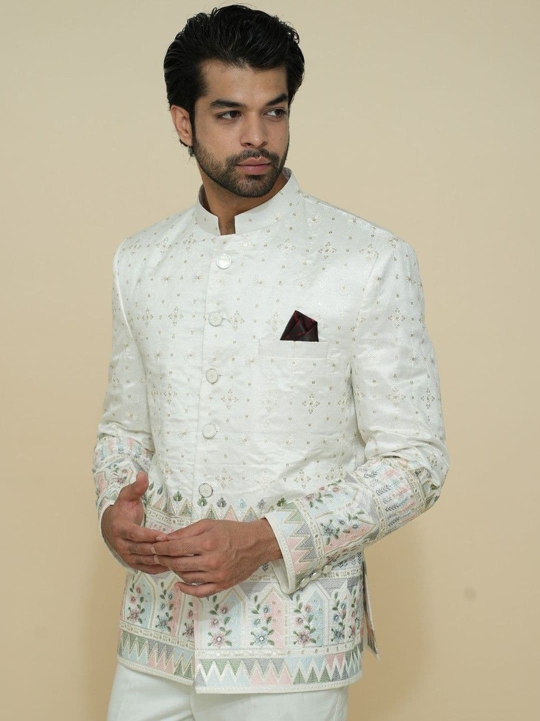House of Pataudi Self-Design Mandarin Collar Tailored-Fit Pure Cotton Jodhpuri Blazer