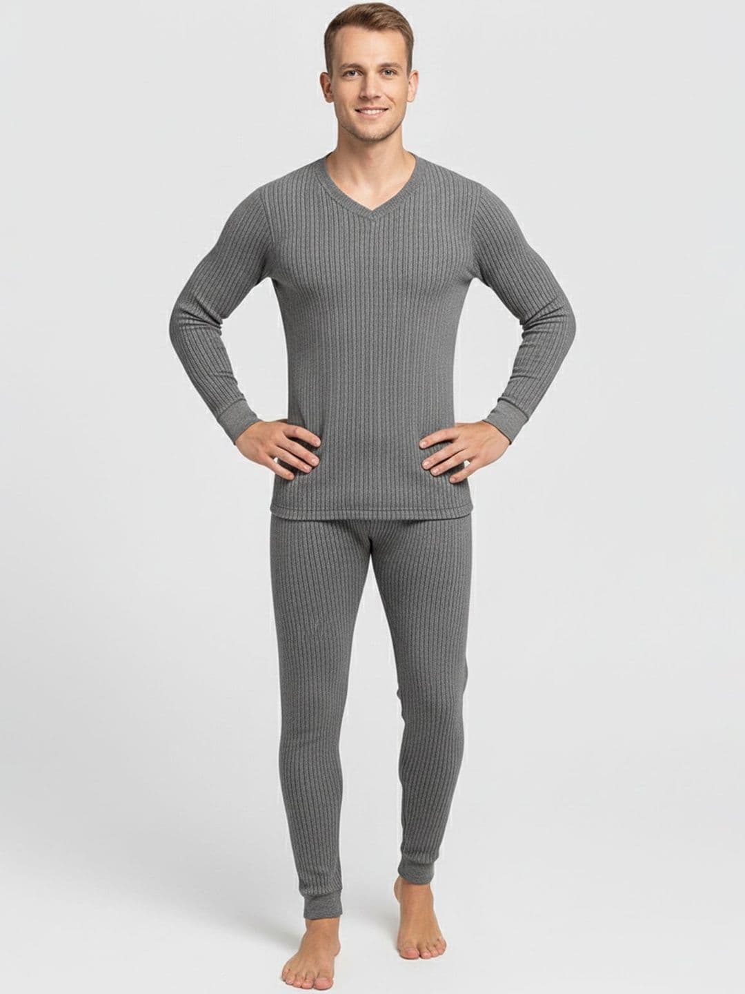 Lux Cozi Men Ribbed V-Neck Long Sleeves Thermal Tops - view 1