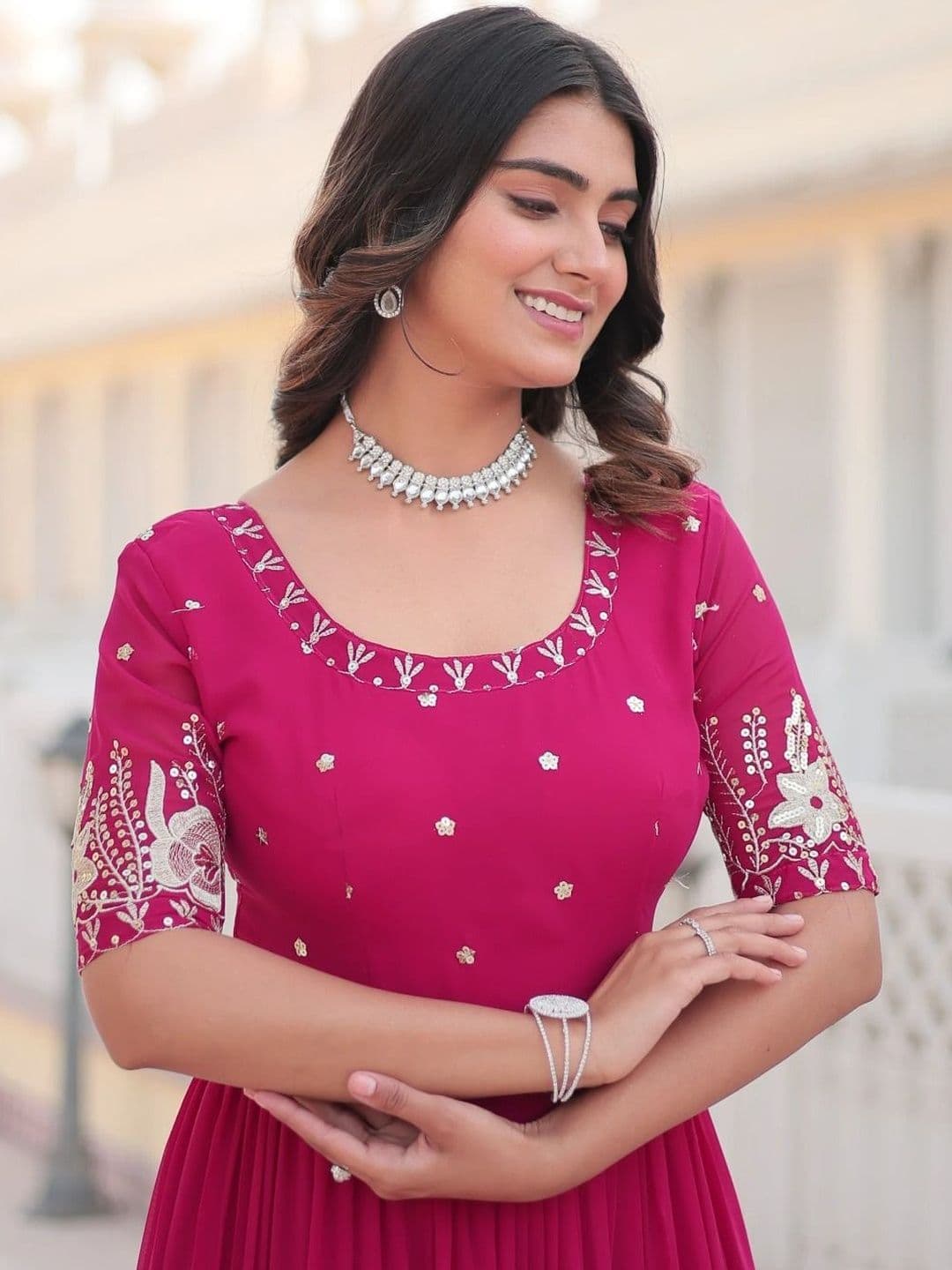 LAZZLY Women Ethnic Motifs Embroidered Sequined Round Neck Tiered Maxi Ethnic Dress - view 1