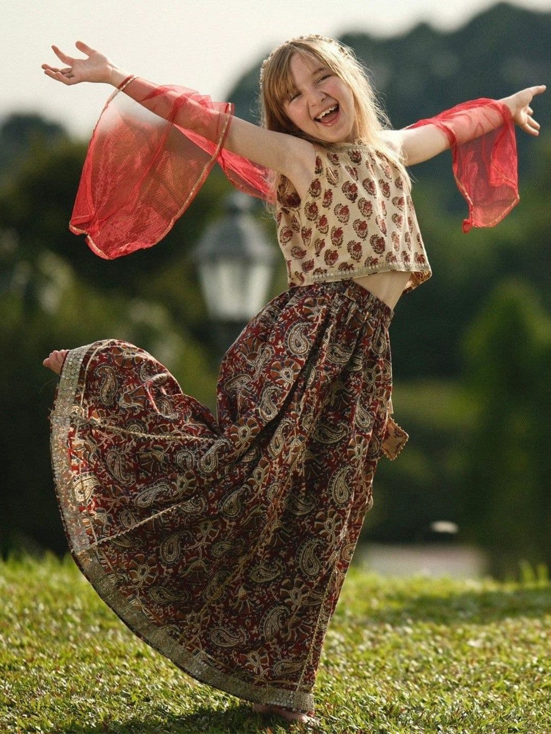 NIMBU Girls Floral Block Printed Cotton Ready to Wear Lehenga & Choli With Dupatta - view 1