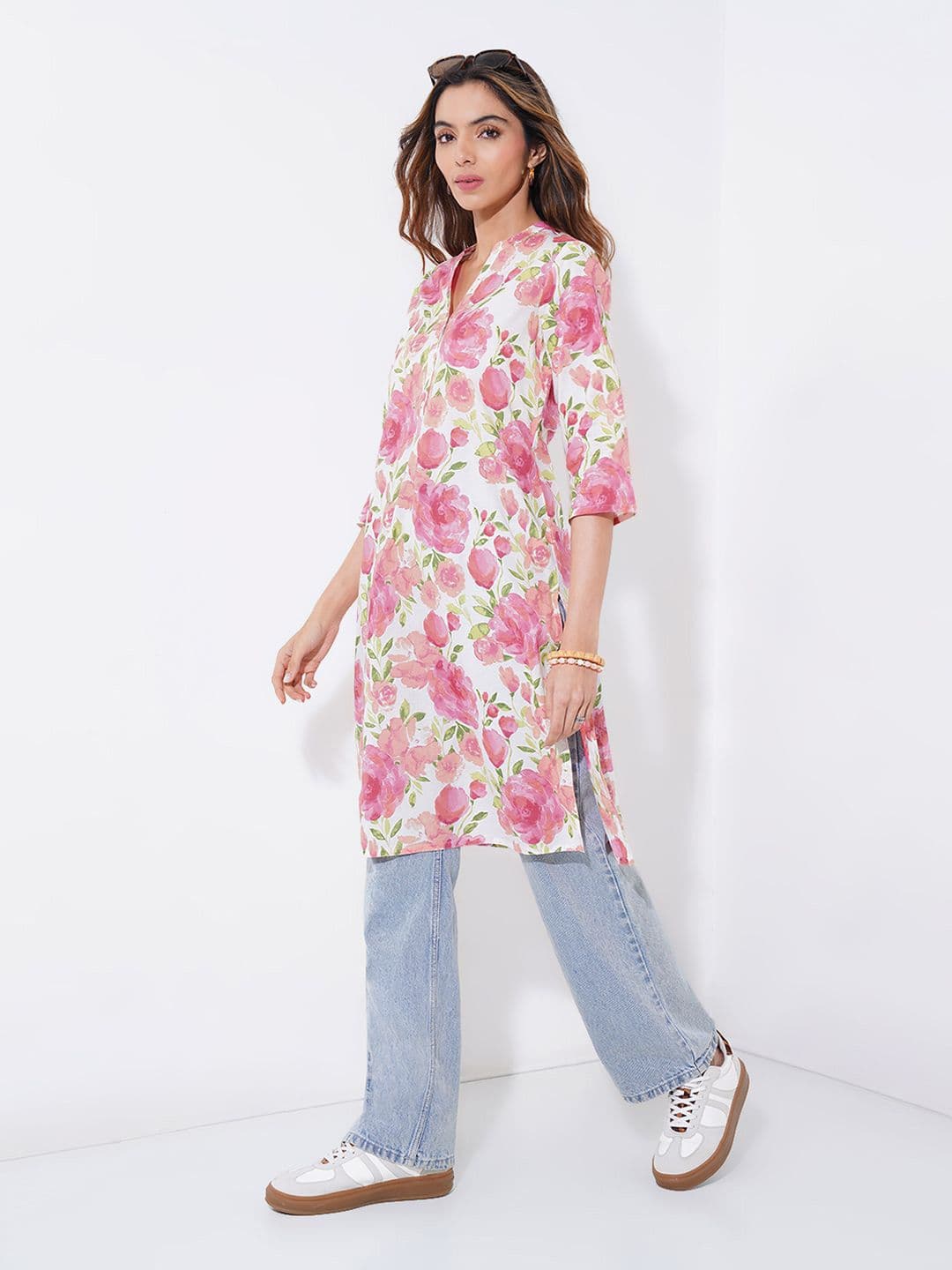 RANGMANCH BY PANTALOONS Floral Printed Mandarin Collar Pure Cotton Straight Kurta - view 1