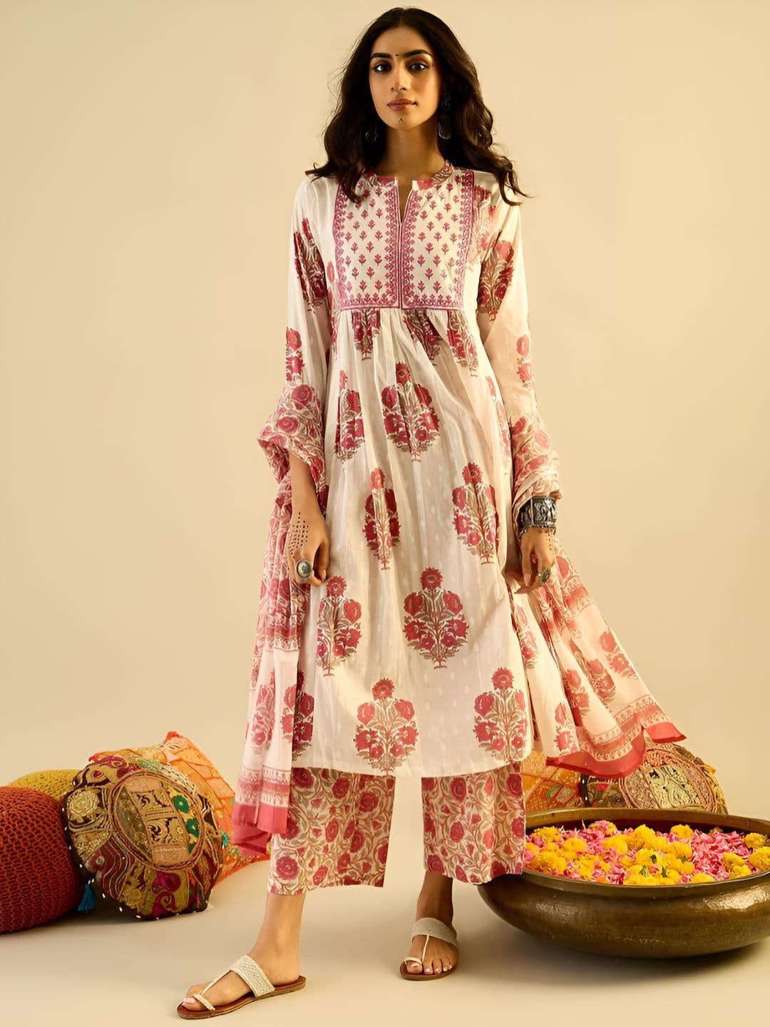 SINSINI Floral Printed Empire Band Collar Pure Cotton A-Line Kurta With Trousers & Dupatta - view 1