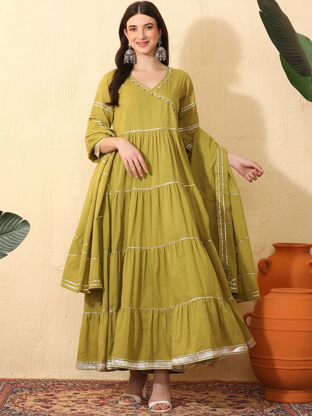 Sangria Women Ethnic Motifs Embroidered Tiered Thread Work Pure Cotton Kurta with Trousers & With Dupatta - view 1